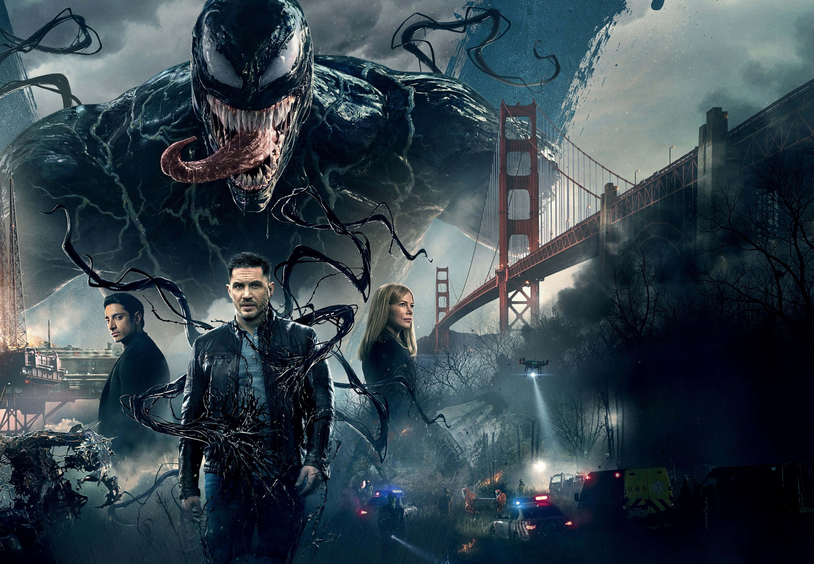 Tom Hardy Venom 桌布 壁紙 — 毒液籠罩著混亂的三藩市街道，背景是金門大橋，三名人類在下方挑釁地站立。
