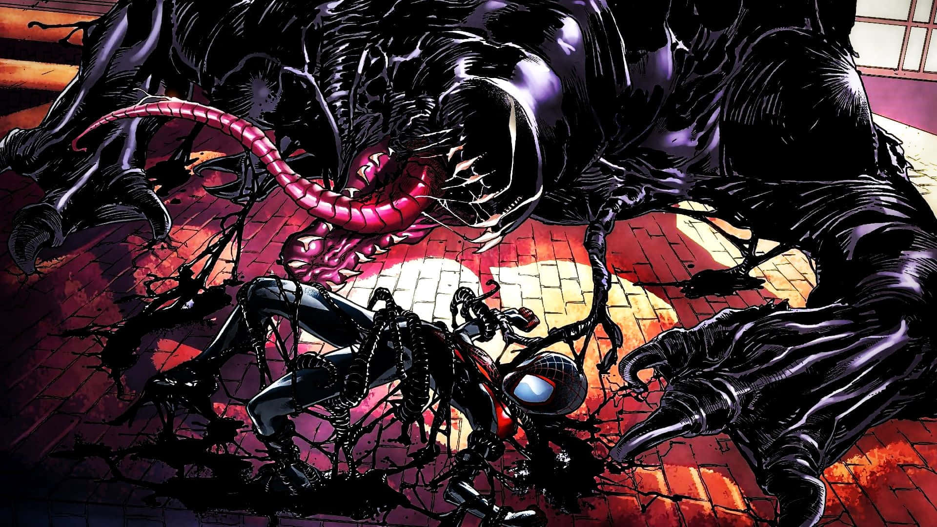 Venomized 桌布 壁紙 — 毒液籠罩著破碎的蜘蛛俠，背景是裂開的磚地，呈現動態漫畫動作場景。
