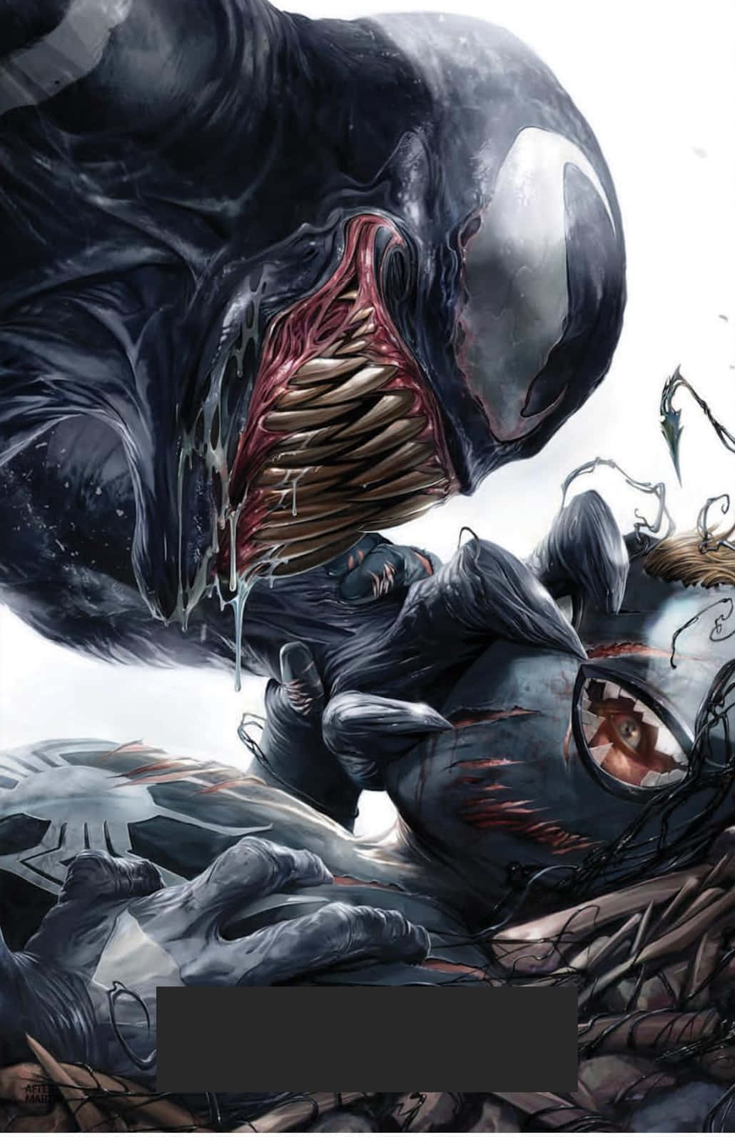 Venomverse 桌布 壁紙 — 毒液籠罩著被擊敗的蜘蛛俠，採用黑暗粗獷的漫畫風格，帶有滴落的共生體和強烈的面部表情。