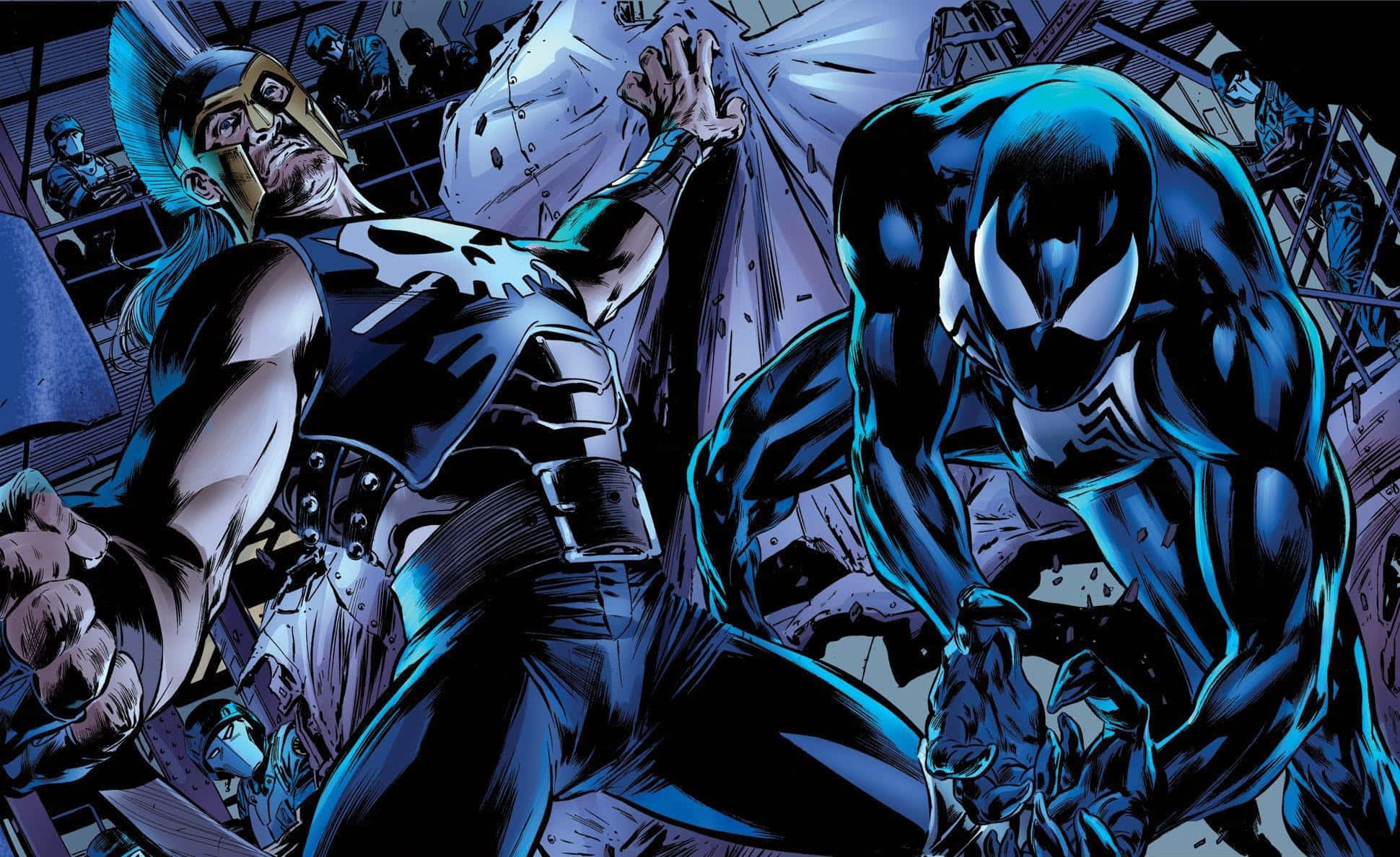 Dark Avengers 桌布 壁紙 — 毒液與一名蒙面戰士在戲劇性的藍色燈光下，於一場 gritty 的漫畫書戰鬥中交鋒。