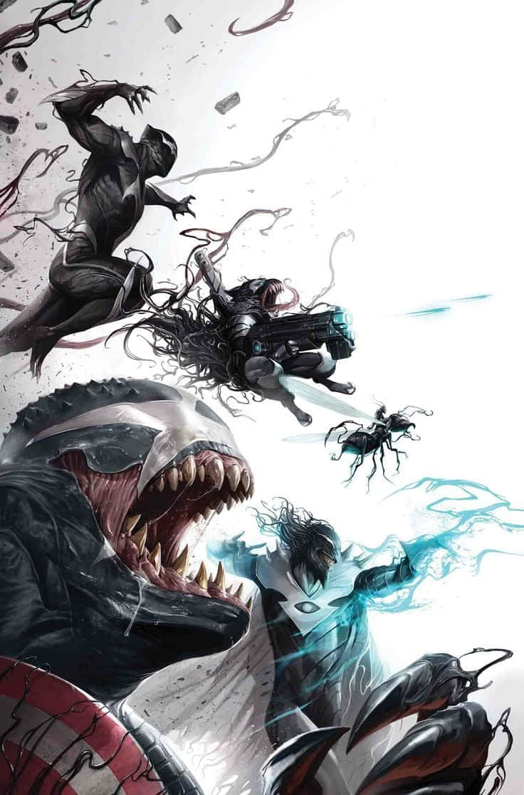 Venomverse 桌布 壁紙 — 毒液與共生體盟友在混亂的漫畫動作場景中戰鬥，敵人飛舞，能量效果閃耀。