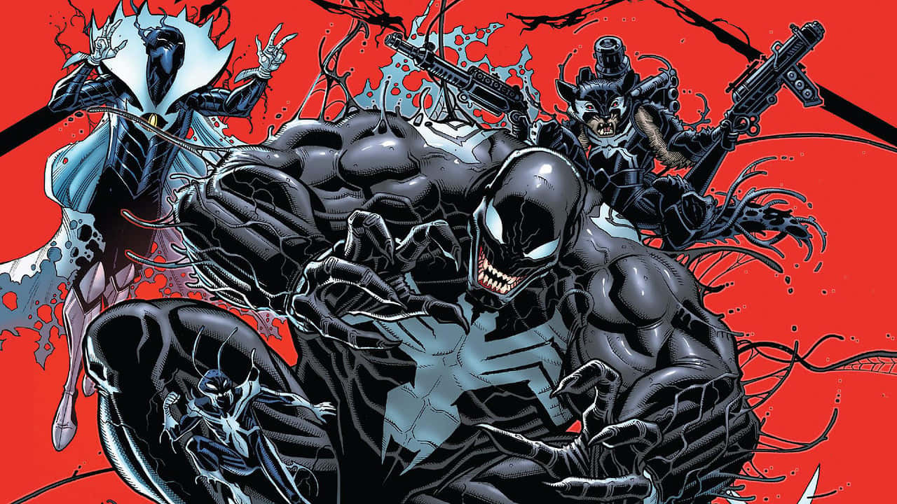 Venomverse 桌布 壁紙 — 毒液與共生體盟友在鮮紅色背景上的動態漫畫面板中碰撞。