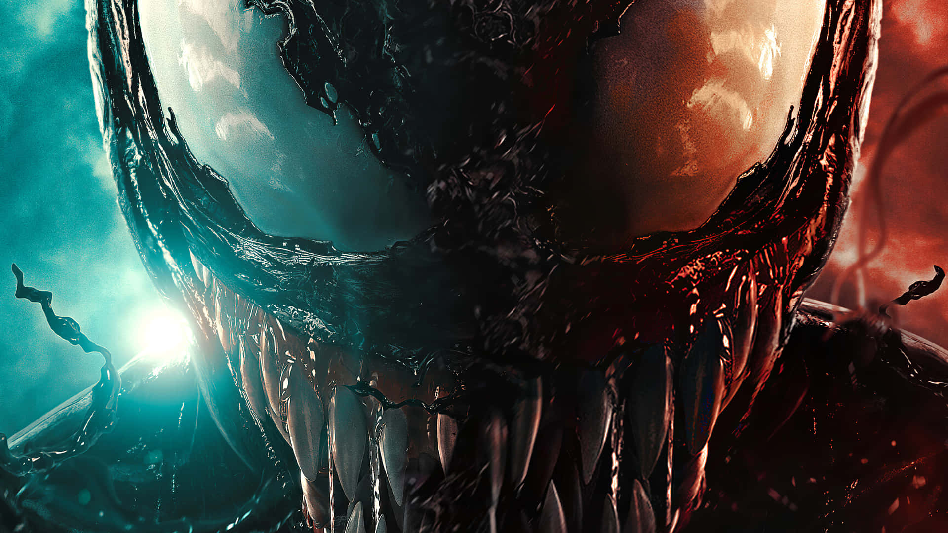 Venom 可怕的臉，發光的眼睛和鋒利的牙齒，在黑暗的電影場景中。