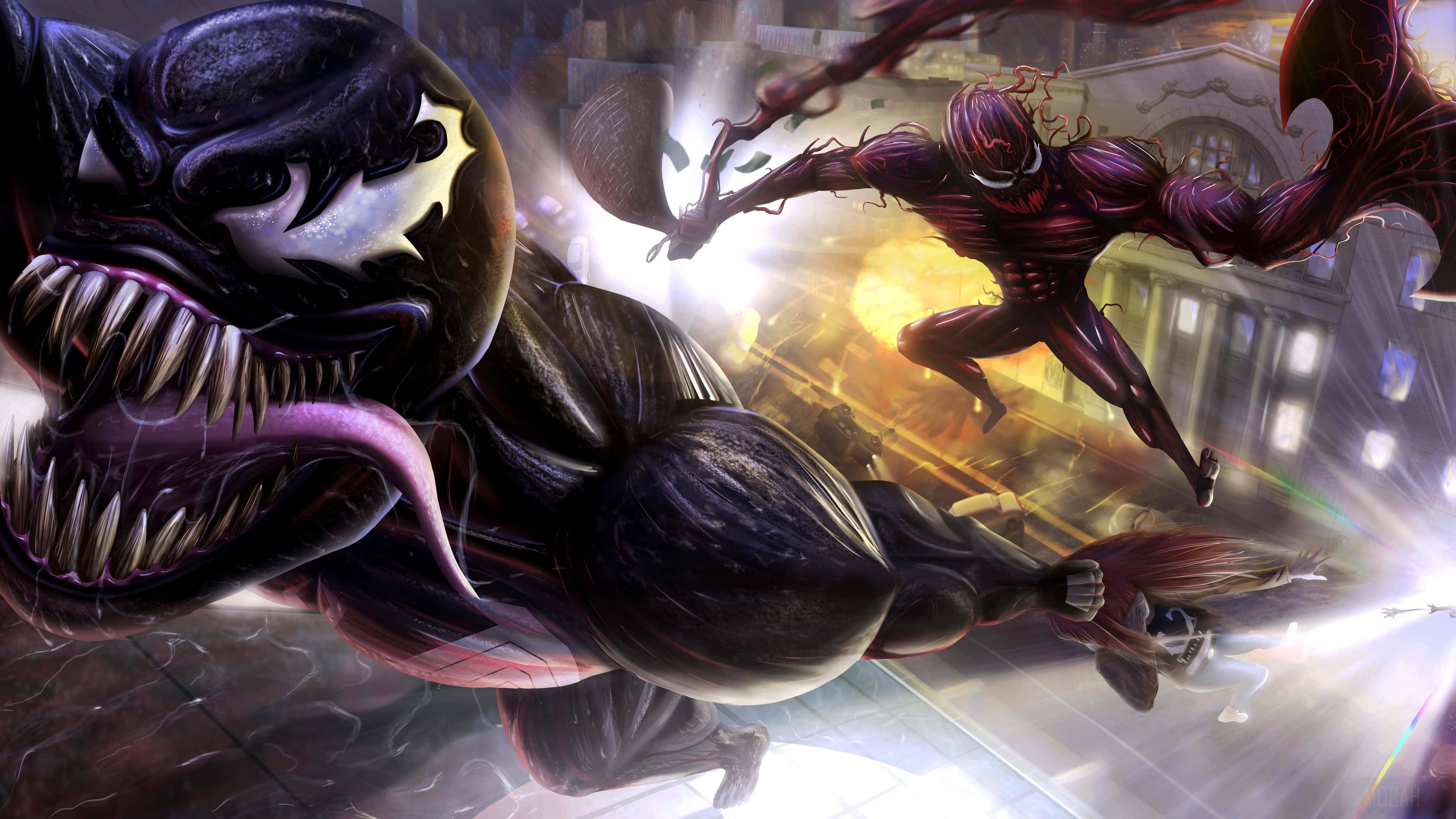 Carnage Vs Venom 桌布 壁紙 — 毒液與屠殺在充滿發光能量和碎玻璃的動態城市戰鬥中碰撞。