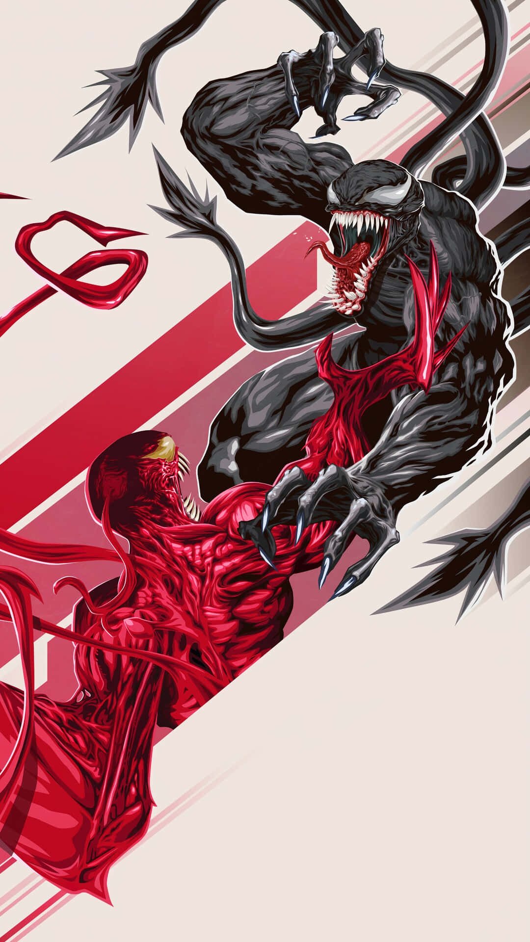 Carnage Vs Venom 桌布 壁紙 — 毒液與屠殺在動態漫畫插圖中，以鮮明的紅色和黑色對比幾何背景。