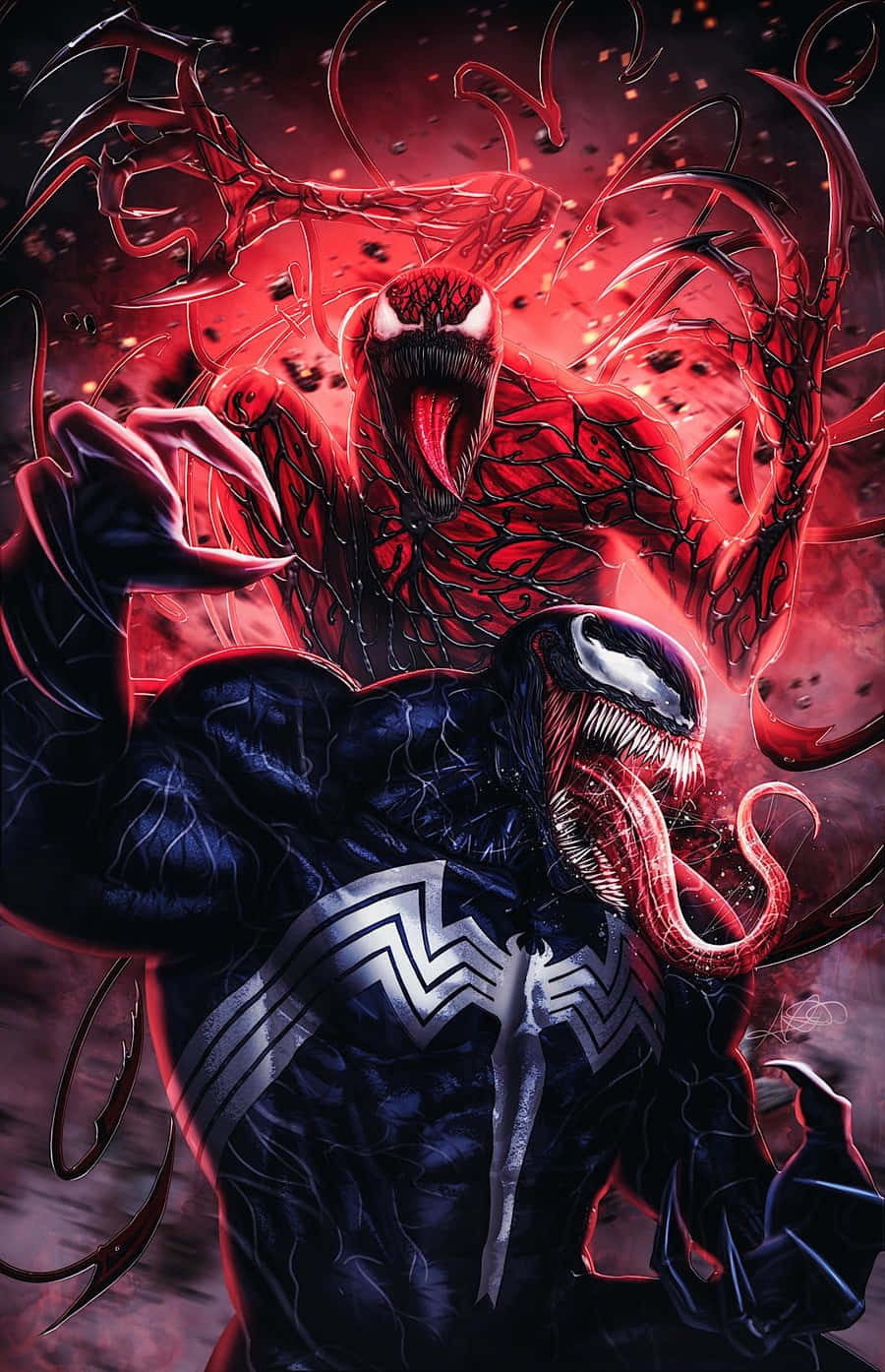 Carnage Vs Venom 桌布 壁紙 — 毒液與屠殺在觸手與憤怒的火紅與黑色漫畫爆炸中碰撞。