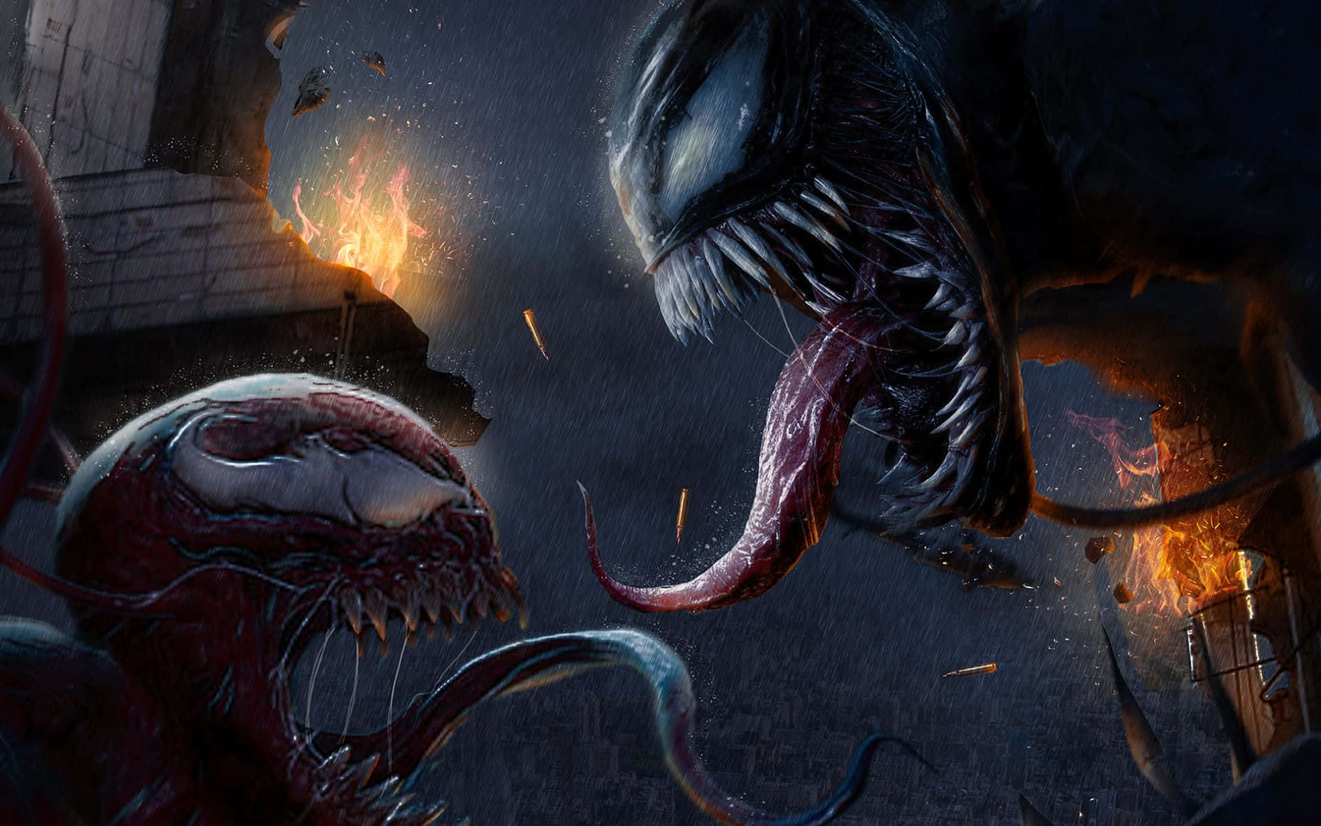 Carnage Vs Venom 桌布 壁紙 — 毒液與屠殺在雨中燃燒的城市廢墟中碰撞，發光的餘燼在空中飛舞。