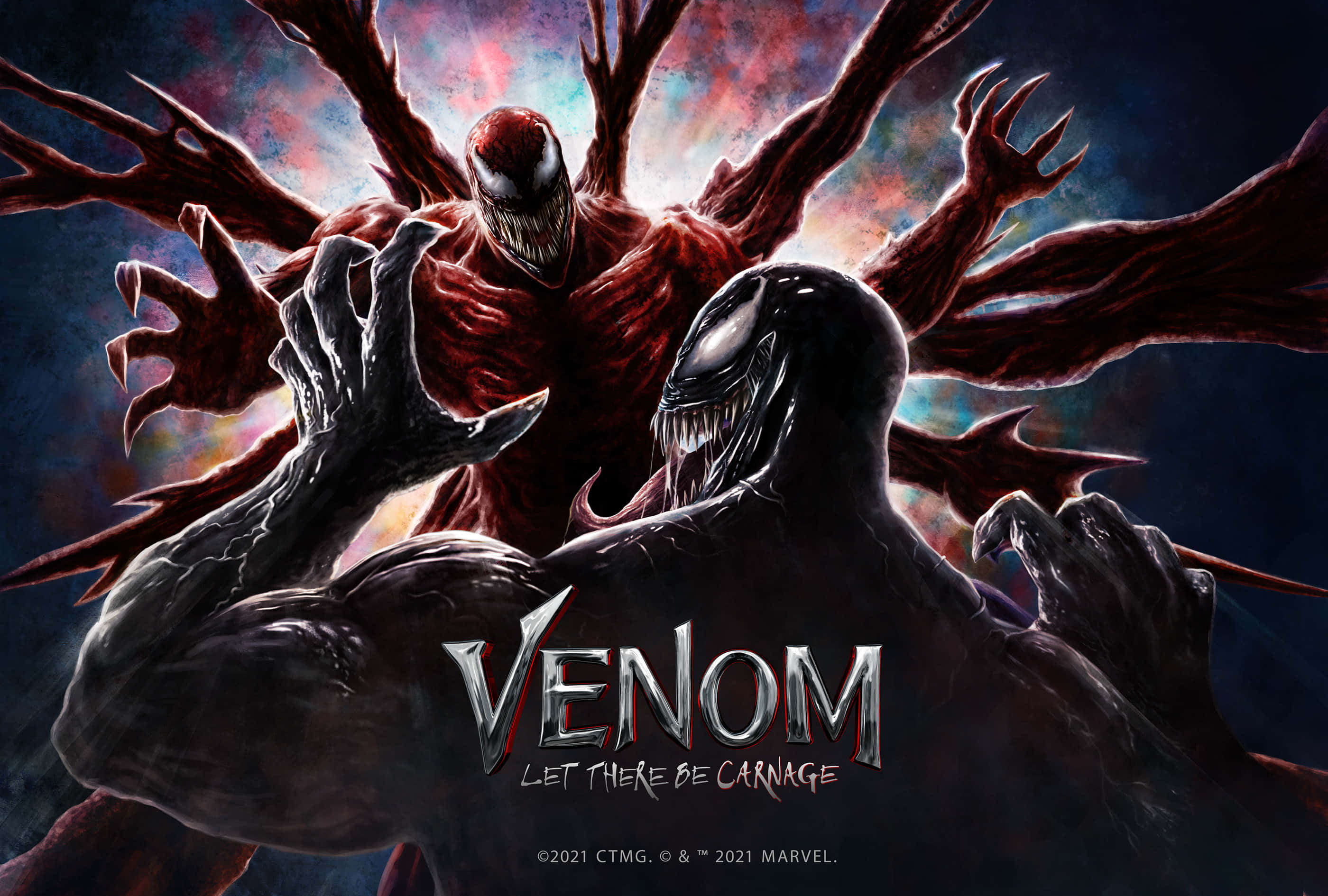 Carnage Vs Venom 桌布 壁紙 — 毒液與屠殺在黑暗的宇宙戰鬥中碰撞，發光的紅色和黑色共生體襯托著星雲背景。