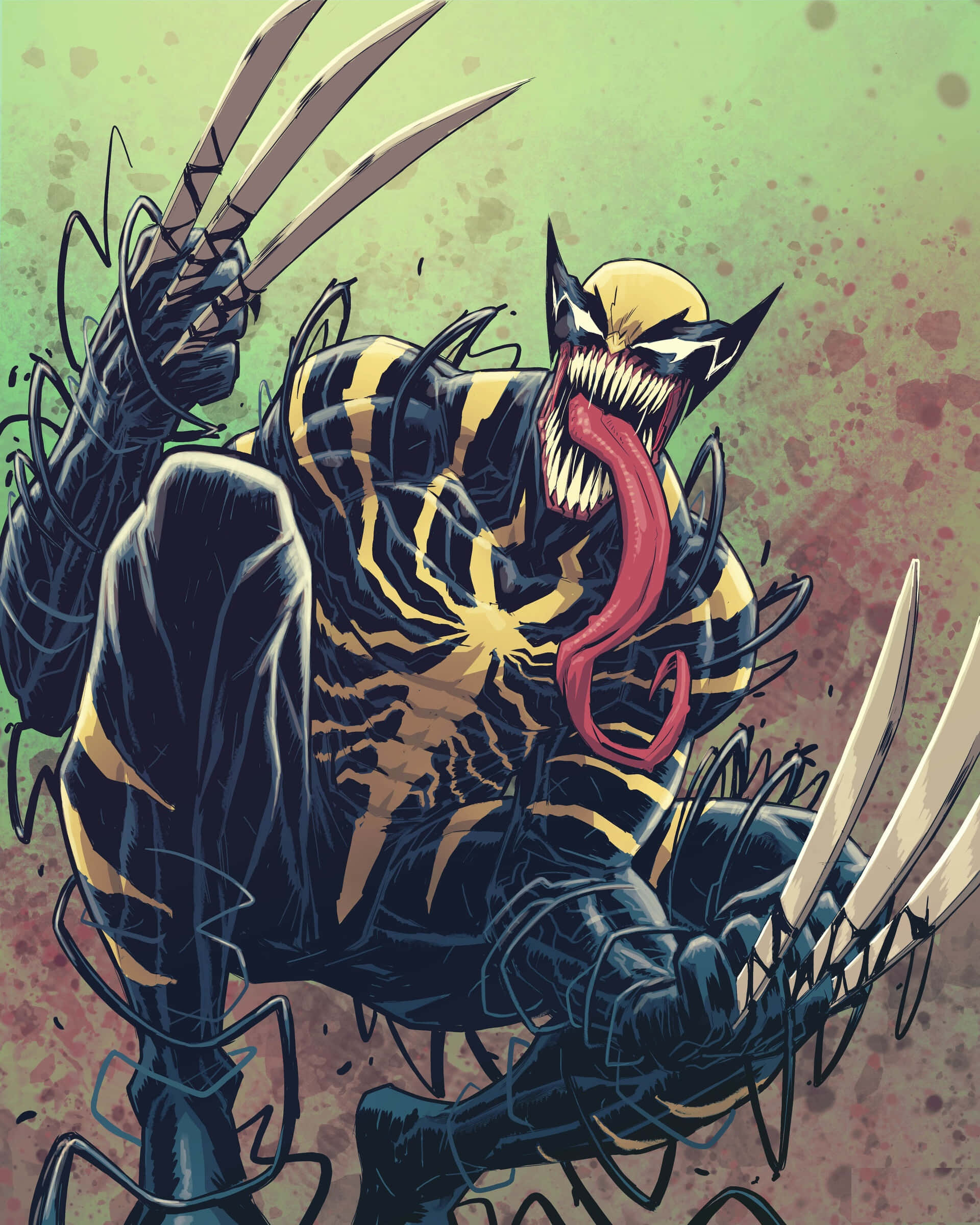 Venomverse 桌布 壁紙 — 毒液與狼人融合，在濺滿綠色和紅色的背景前，伸出利爪兇猛咆哮。