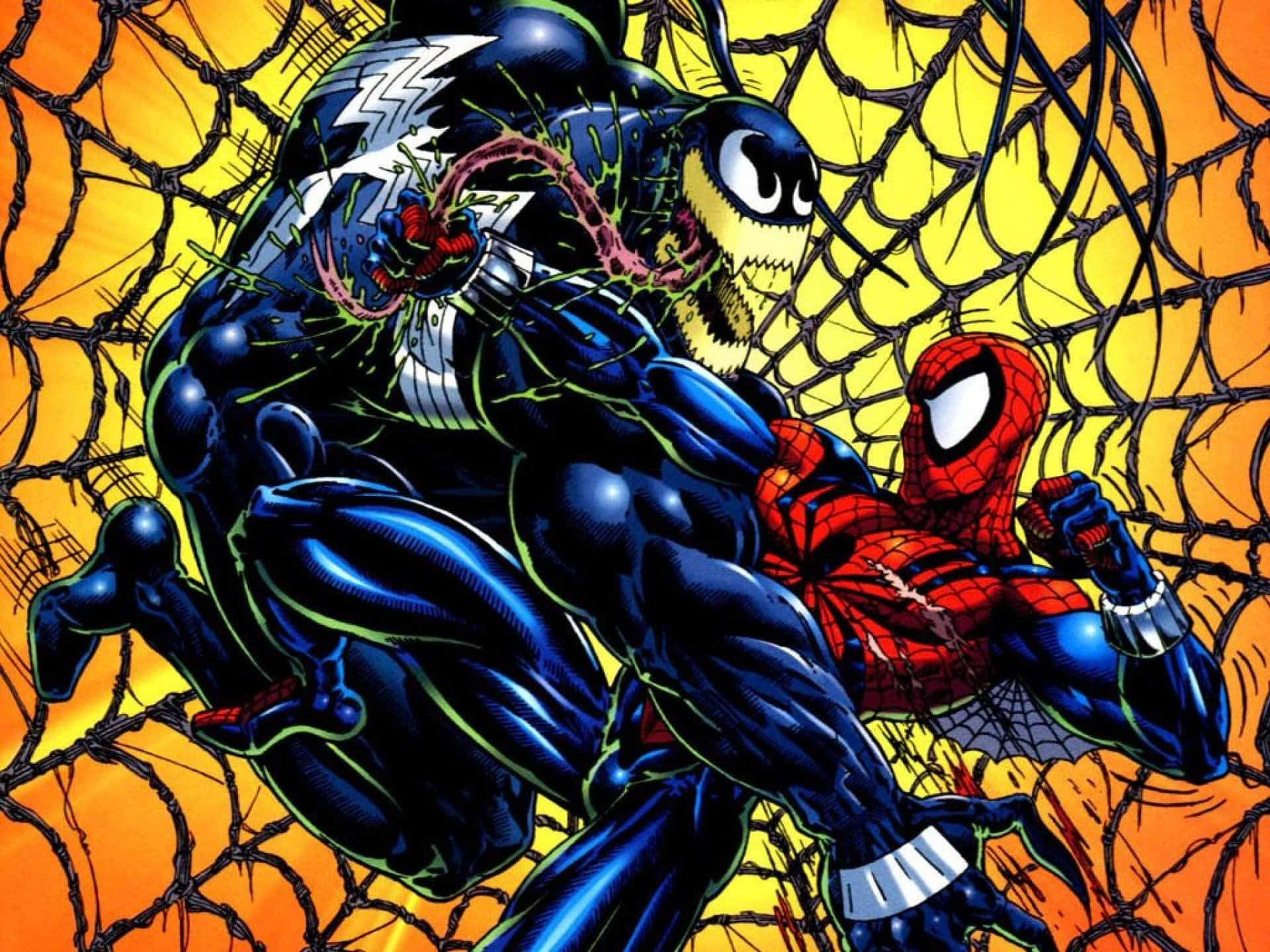 Venom Comic Book 桌布 壁紙 — 毒液與蜘蛛俠在一個動態的漫畫面板中，以火黃色的網狀背景為襯托展開衝突。