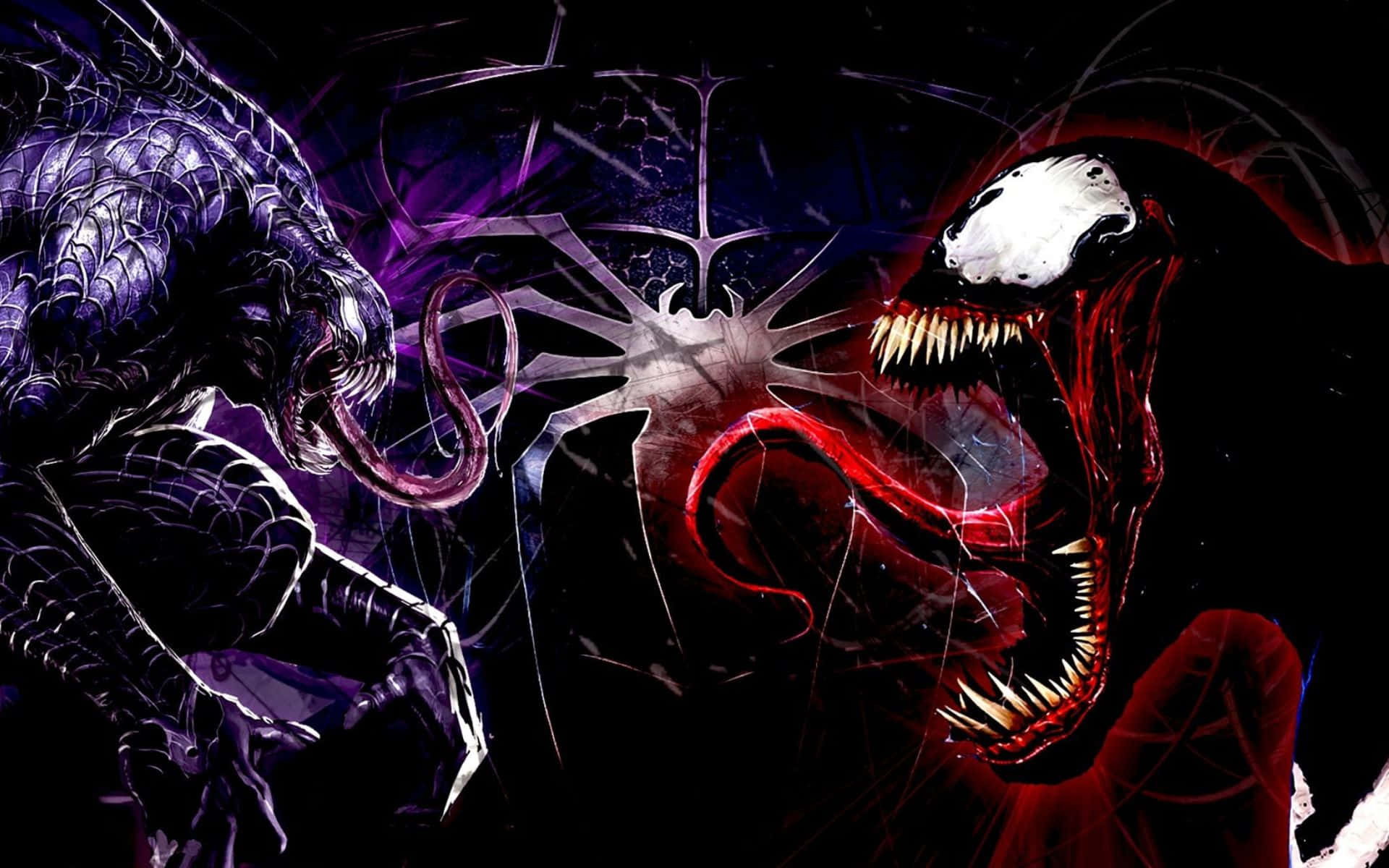 Carnage Vs Venom 桌布 壁紙 — 毒液與蜘蛛俠在深紫色和紅色的漫畫風格戰鬥中碰撞，帶有鋒利的牙齒和蜘蛛網圖案。