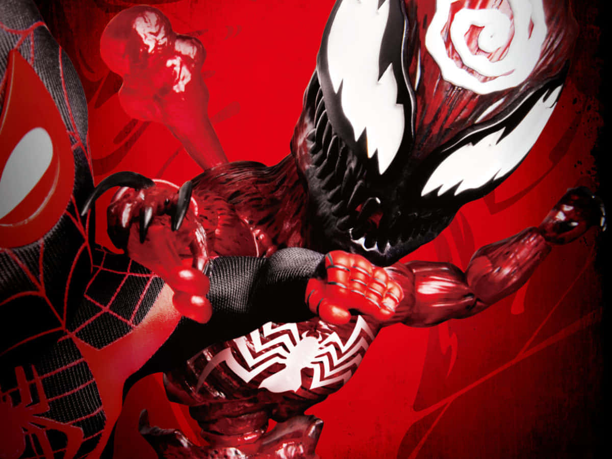 Maximum Carnage 桌布 壁紙 — 毒液與蜘蛛俠在鮮紅色背景上展開動態漫畫戰鬥。