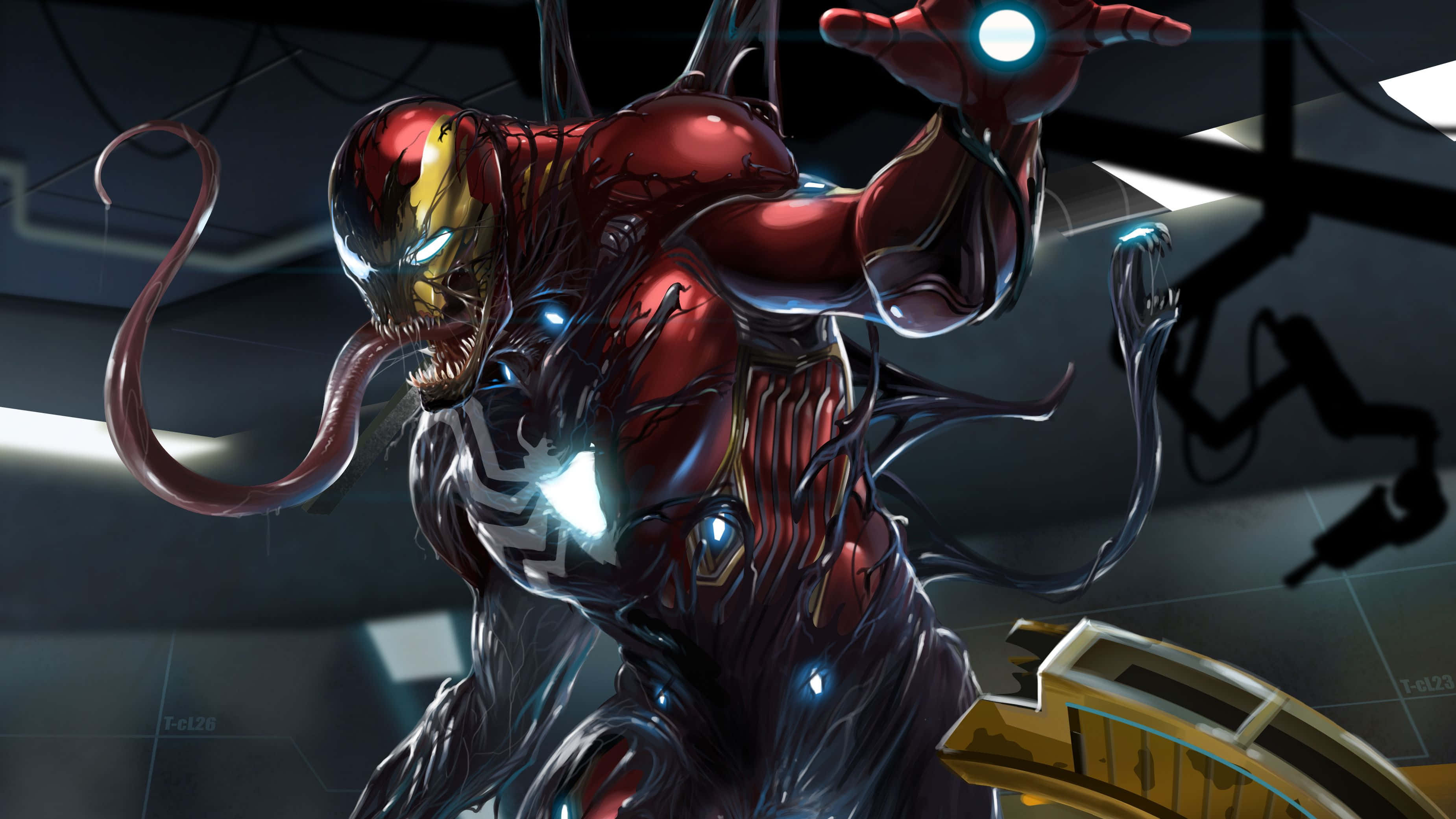 Venomized 桌布 壁紙 — 毒液與鐵甲奇俠的裝甲融合，在一個充滿藍色發光燈光和機械臂的高科技實驗室中威風凜凜地站立。