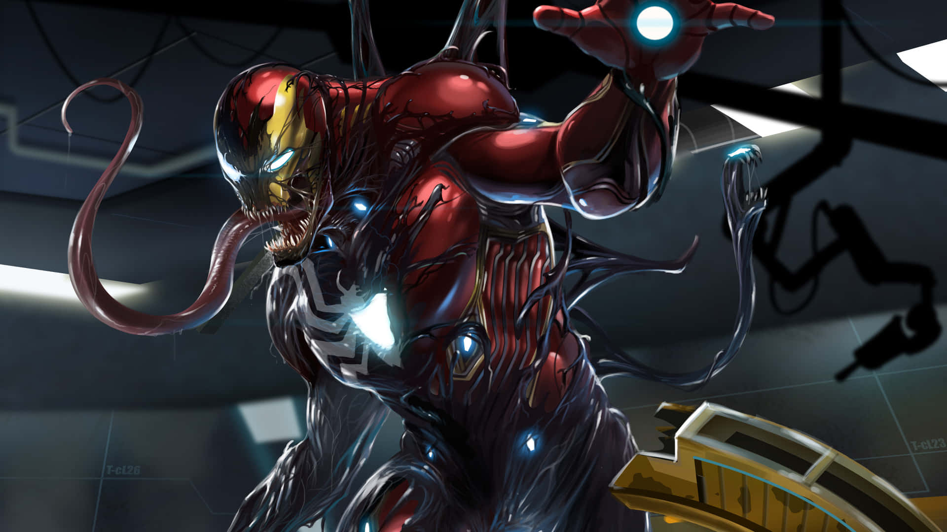 Symbiote 桌布 壁紙 — 毒液與鐵甲奇俠盔甲融合，在一個有藍色發光燈光和機械臂的高科技實驗室中威嚇地站立。