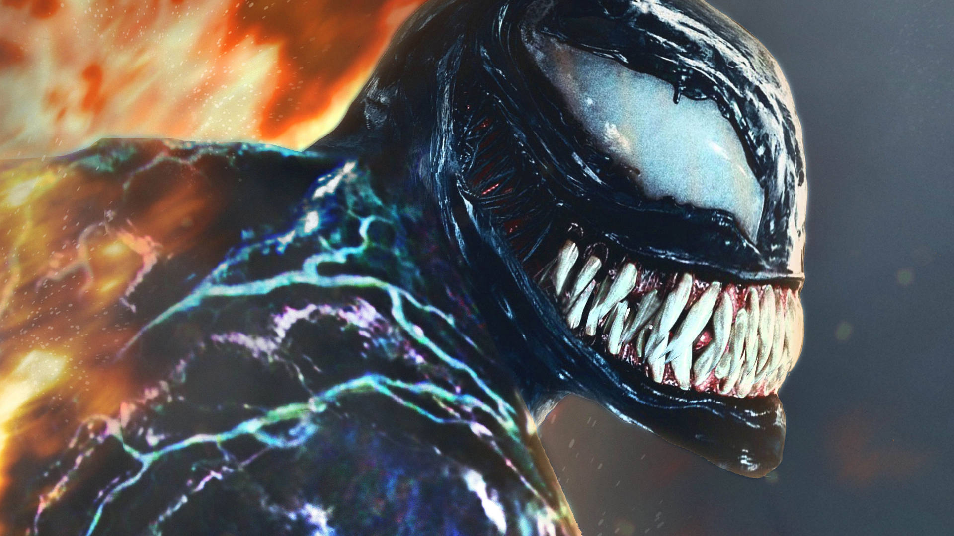 Venom 帶有發光電光脈絡同尖銳牙齒，背景火熱