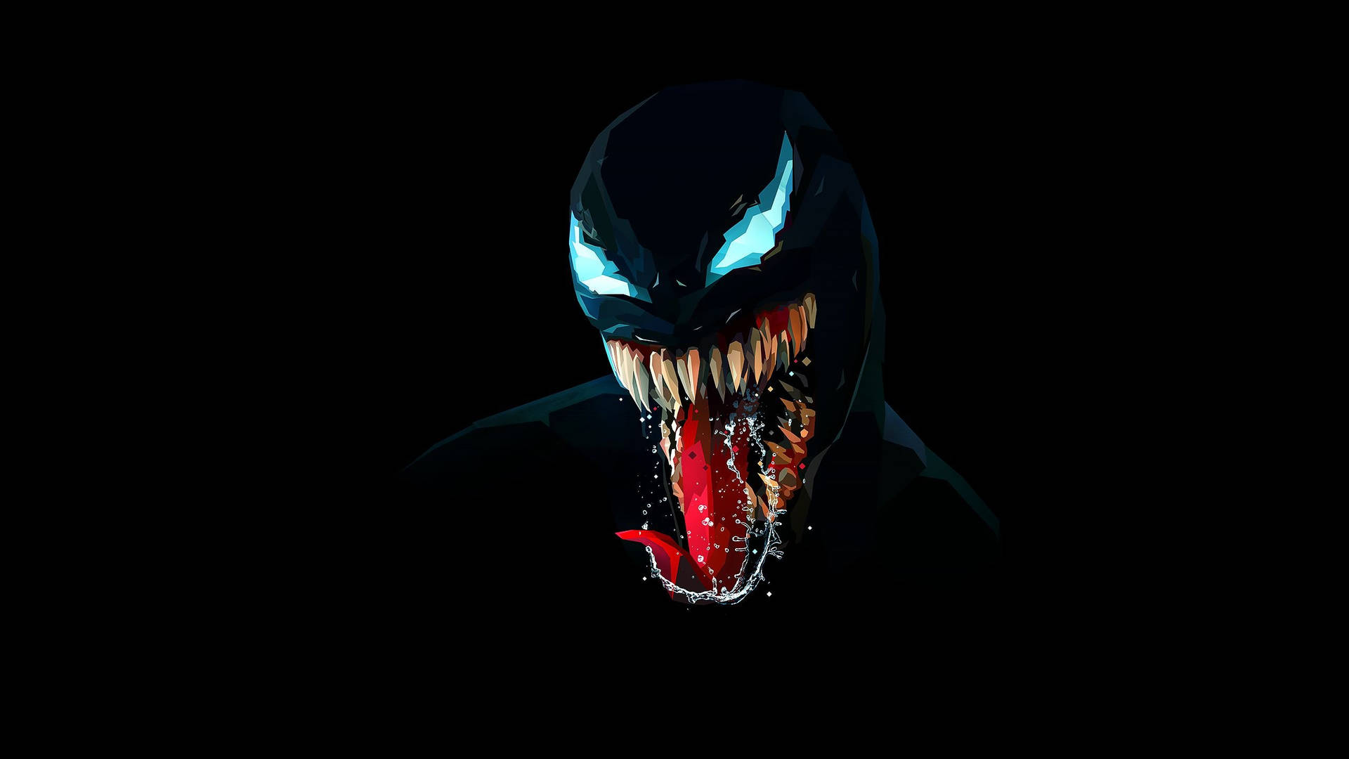 Venom 發光眼睛和滴落紅色舌頭，黑色背景