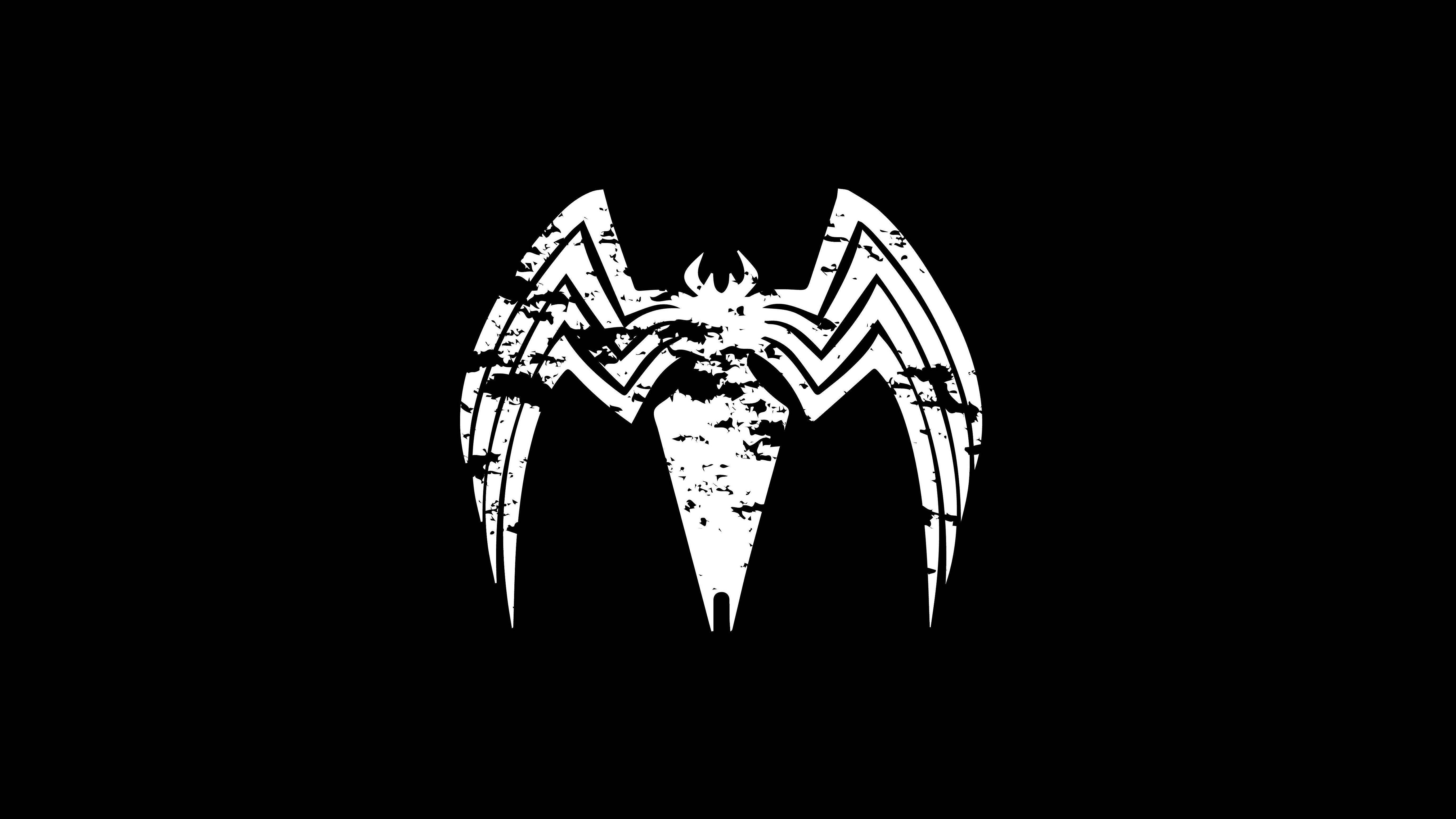 毒液電影黑白標誌 壁紙 — 一個磨損的白色 Venom 標誌在帶有粗糙紋理的純黑色背景上顯得格外突出。