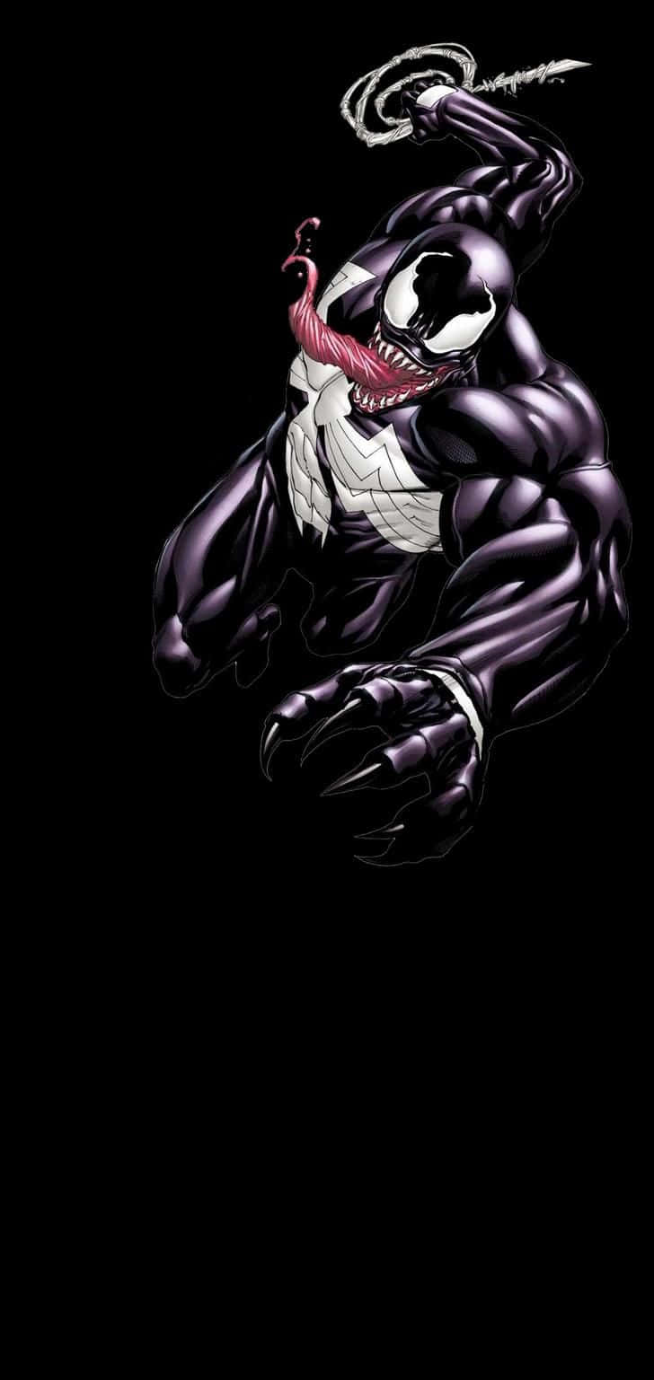 毒液黑色抽象畫 壁紙 — Venom 在純黑背景上動態躍起，白色發光眼睛和鋒利爪子伸展。