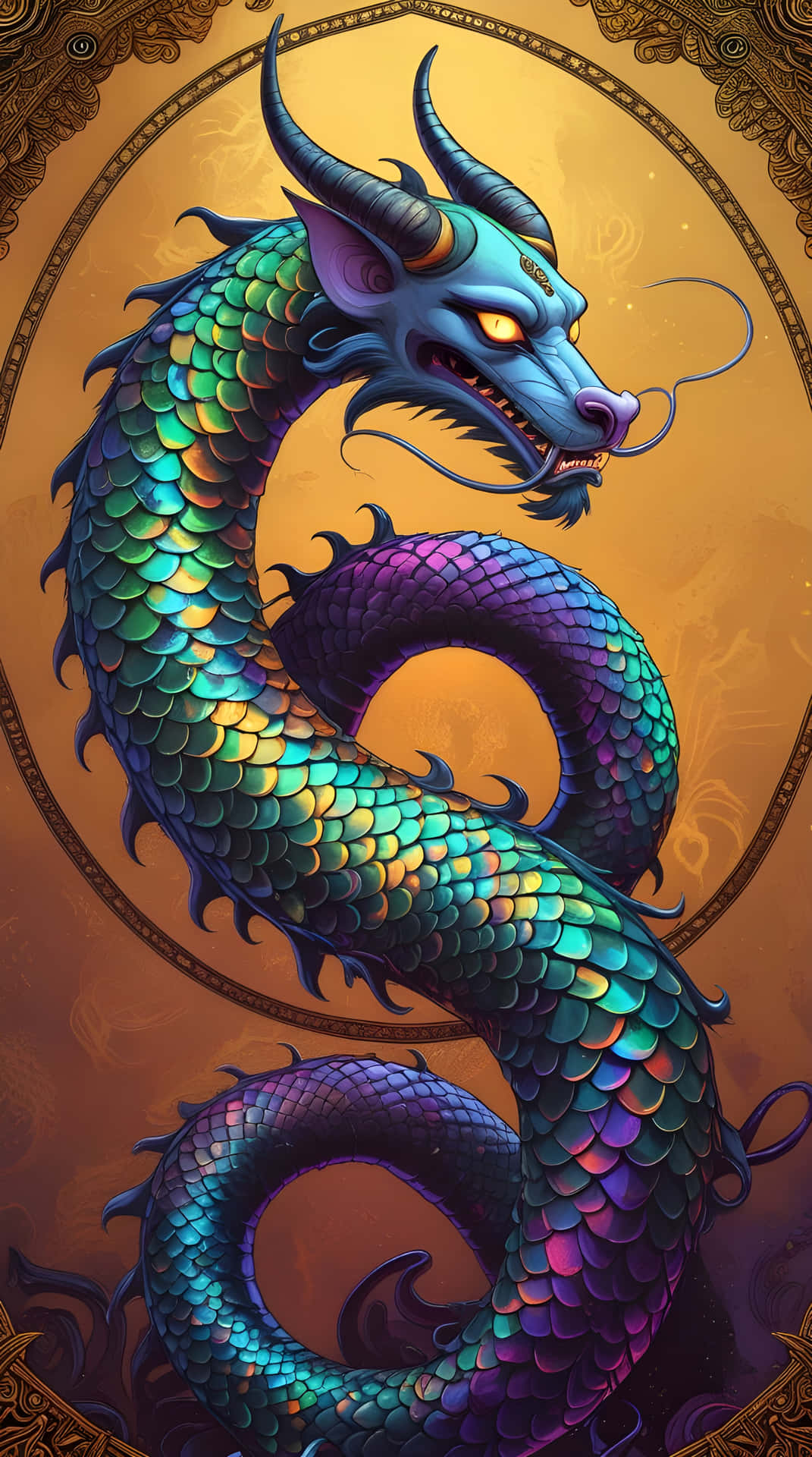 一隻盤繞的藍紫色龍，眼睛發光，被華麗的金色圖案框住。
