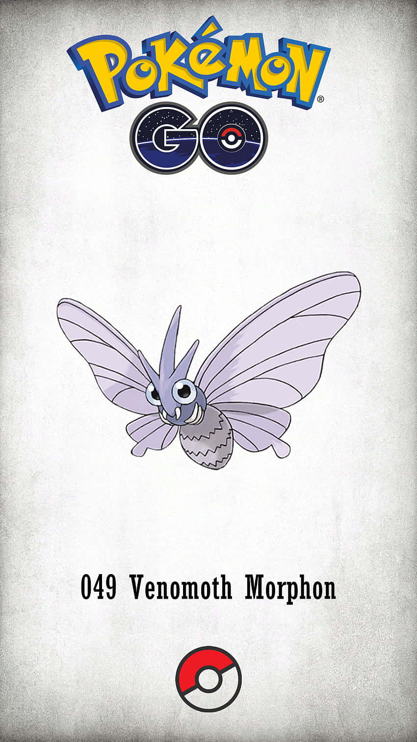 毒蛾出現在Pokémon Go遊戲中 壁紙 — 一隻風格化的紫色蛾寶可夢名為 Venomoth Morphon，居中於帶有紋理的灰色背景上，並帶有 Pokémon GO 品牌標識。