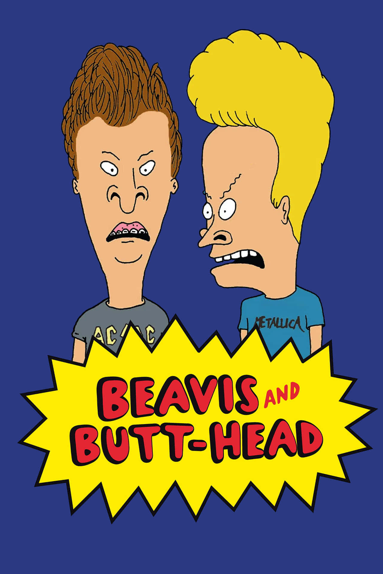 Beavis 和 Butt-Head 卡通人物帶着憤怒的表情站在黃色星爆標誌後面。