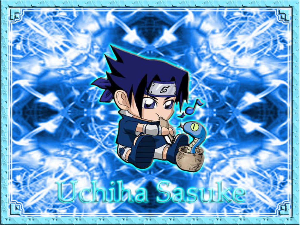 Chibi Sasuke 拿著一條藍色的蛇在籃子裡，背景是藍色能量。