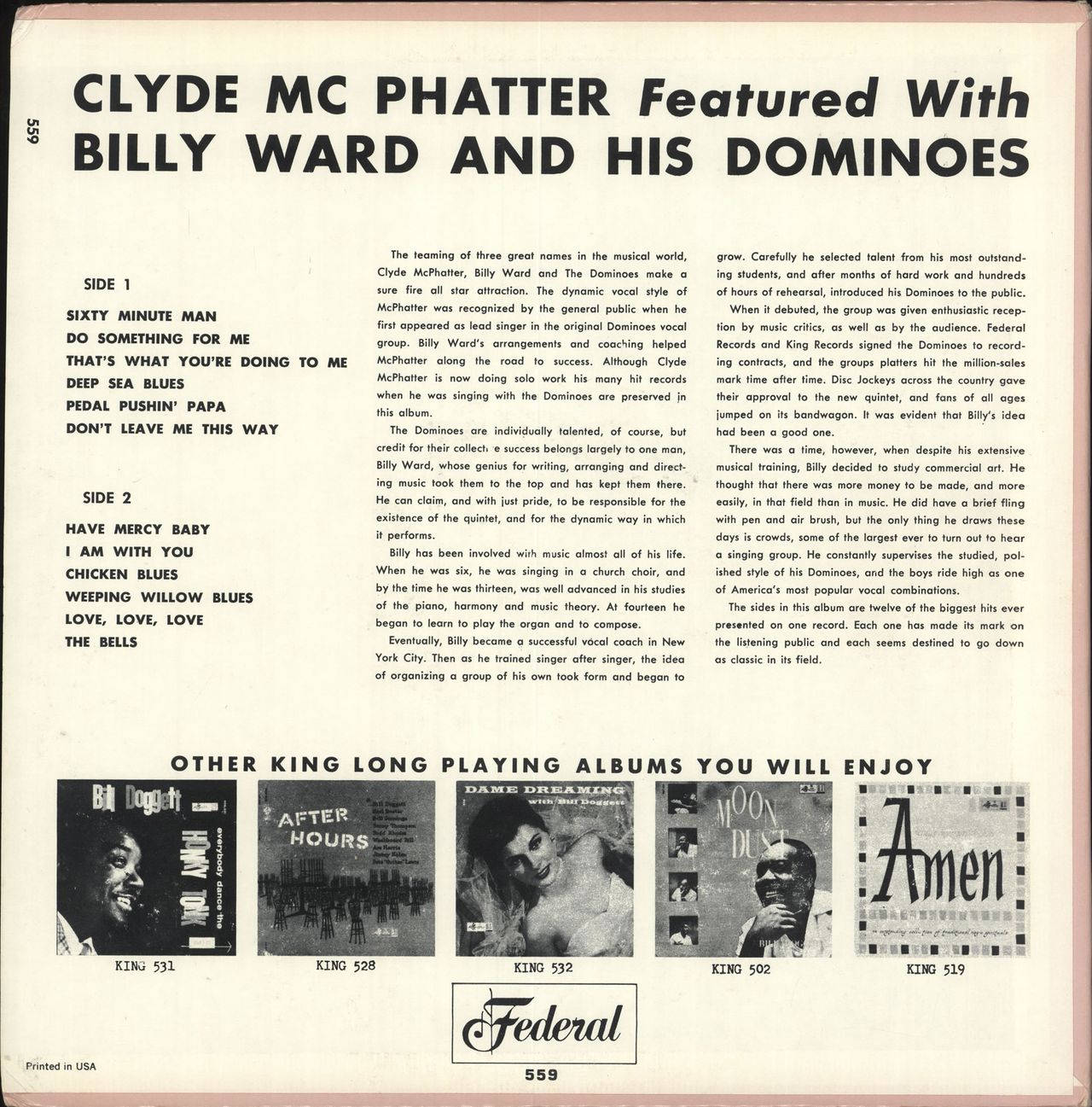 比利·沃德與多米諾樂隊經典LP專輯封面 壁紙 — Clyde McPhatter featuring Billy Ward and His Dominoes 的 1950 年代復古黑膠唱片封底，附有歌曲列表和藝術家傳記。