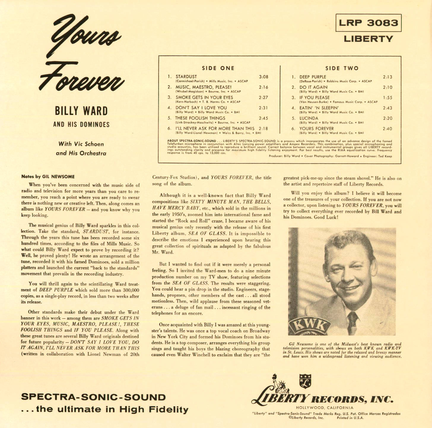 比利·沃德與多米諾樂隊經典LP背面設計 壁紙 — 1950年代復古Liberty Records專輯封面，收錄Billy Ward and His Dominoes的《Yours Forever》，包含曲目列表和宣傳文字。