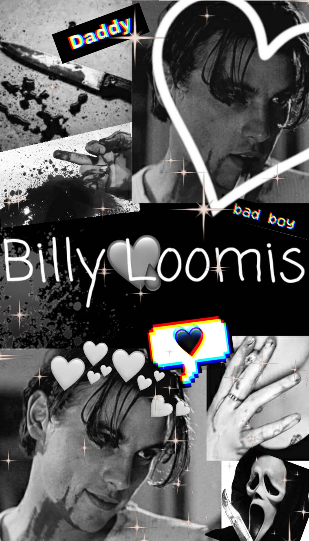 比利·盧米斯黑白藝術海報 壁紙 — Billy Loomis 的黑白拼貼畫，帶有心形圖案、刀具和文字疊加，呈現出風格化的粉絲藝術美學。
