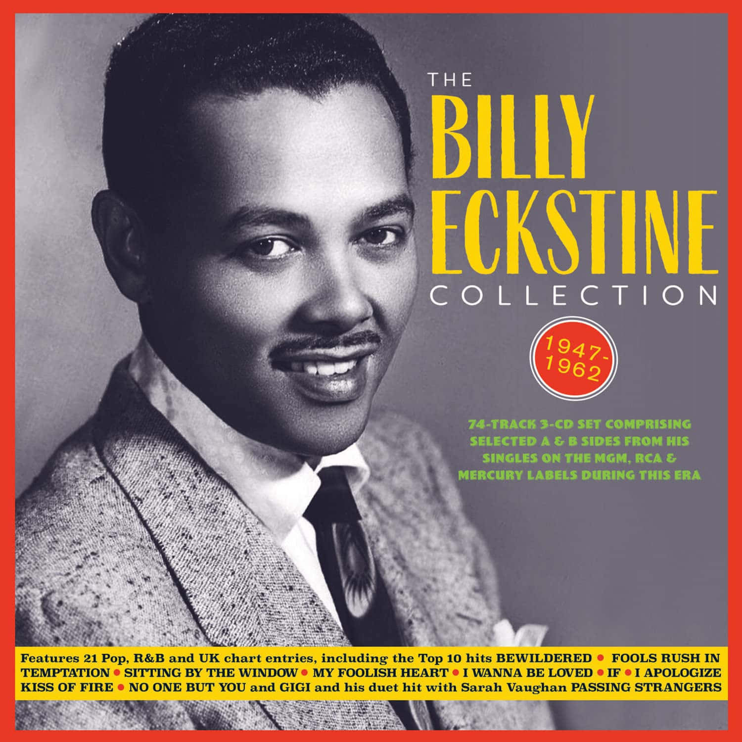 復古專輯封面 featuring Billy Eckstine 穿著西裝微笑，帶有粗體黃色文字。