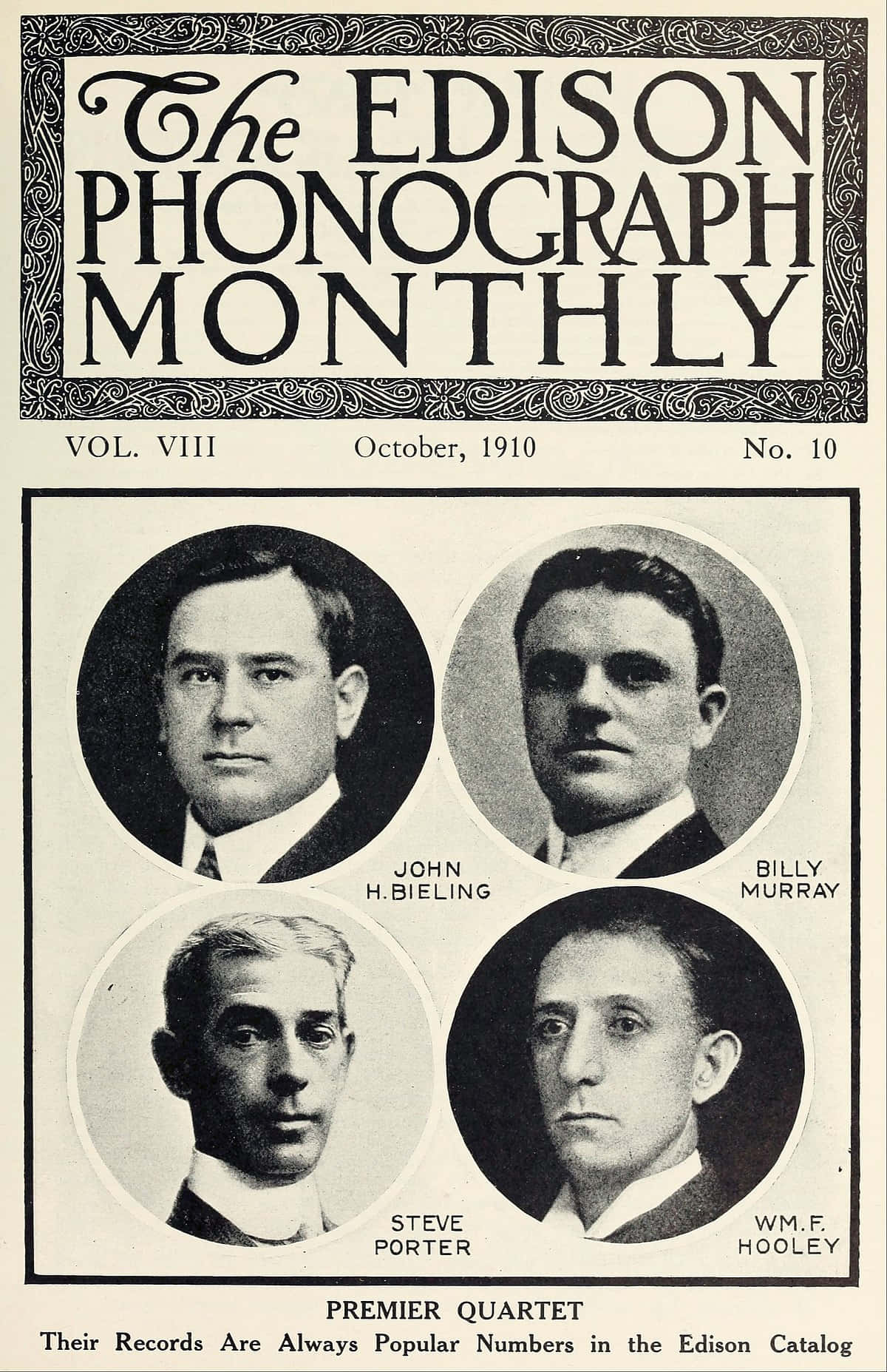 比利·默里與愛迪生留聲機月刊 壁紙 — 1910年復古雜誌封面，四個身穿正式服裝的男歌手以棕褐色調肖像呈現，周圍有華麗邊框。