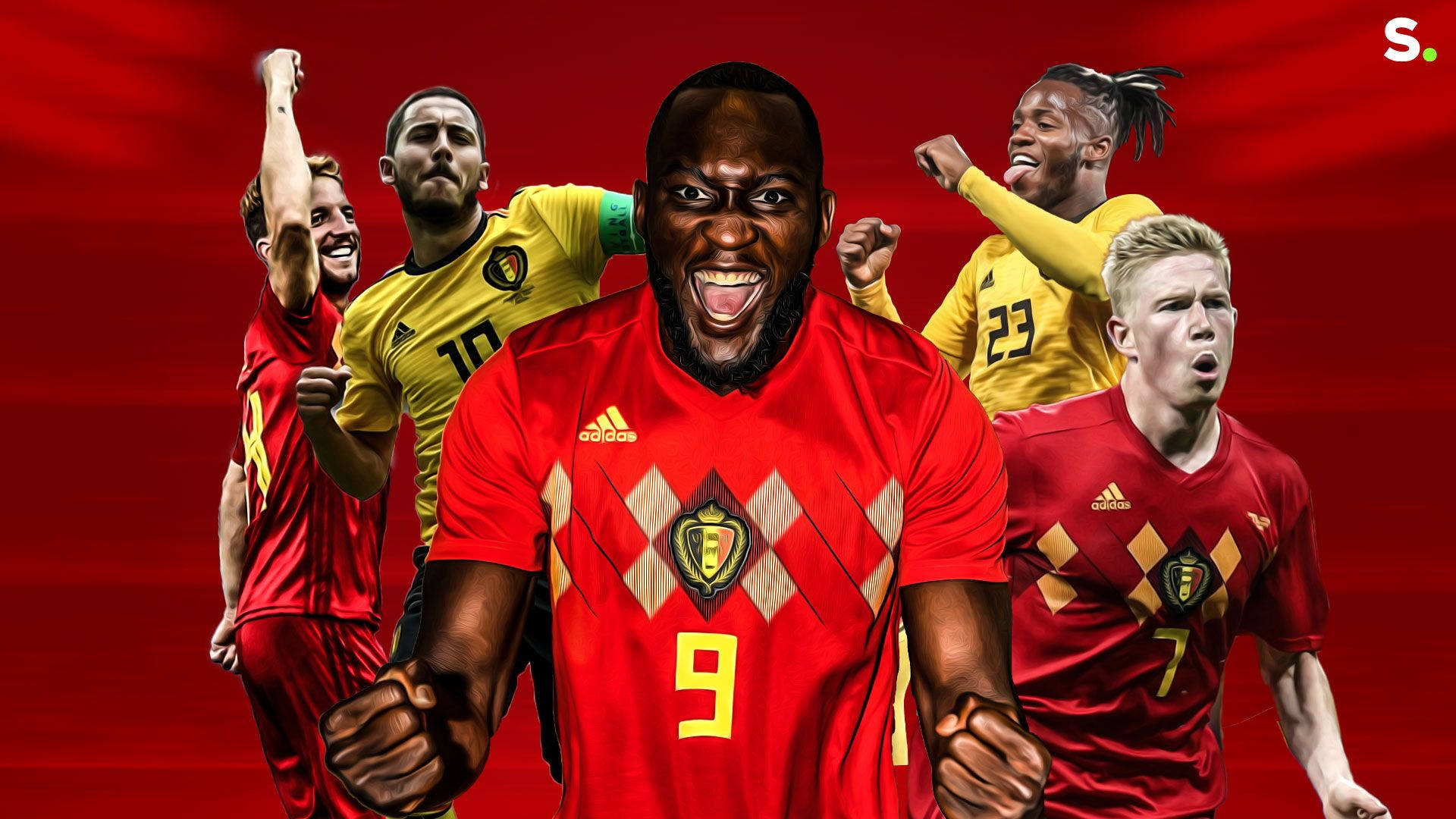 比利時足球運動員身穿紅黃球衣慶祝勝利。