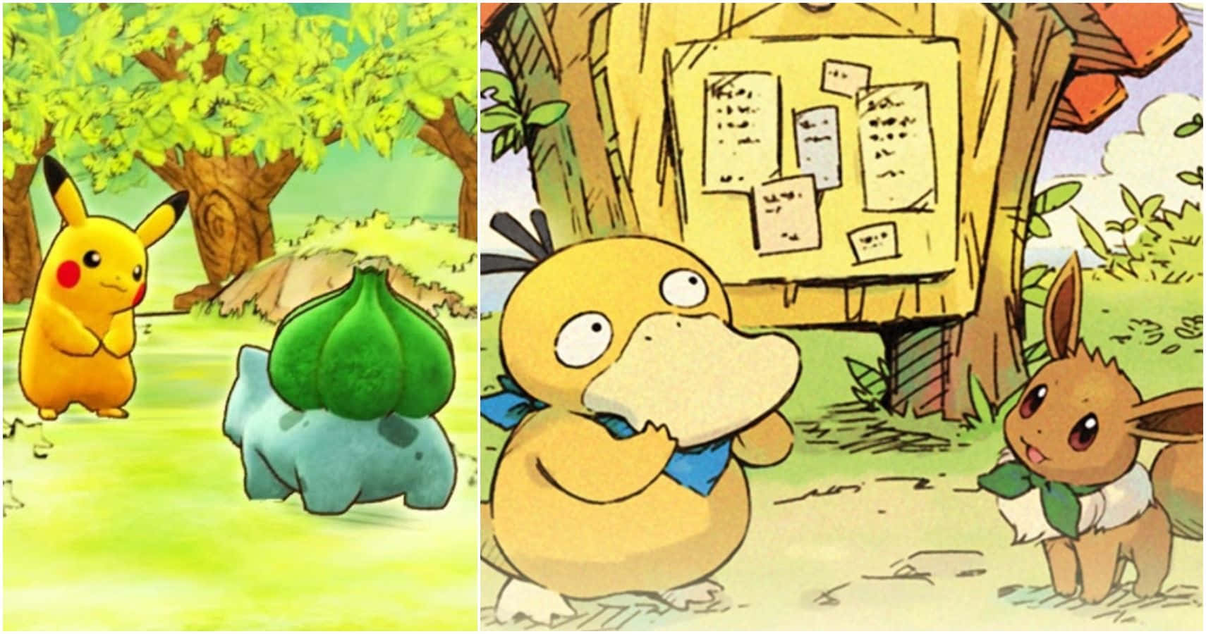Pokemon Mystery Dungeon 桌布 壁紙 — 比卡超和奇異種子站在陽光明媚的森林空地，而傻鴨和伊貝在貼有告示的樹旁互動。