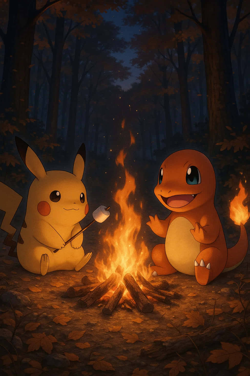 Pikachu HD Wallpaper WEBP 4K Background Download 壁紙 — 比卡超和小火龍在黑暗的秋日森林中，在噼啪作響的營火上烤棉花糖。