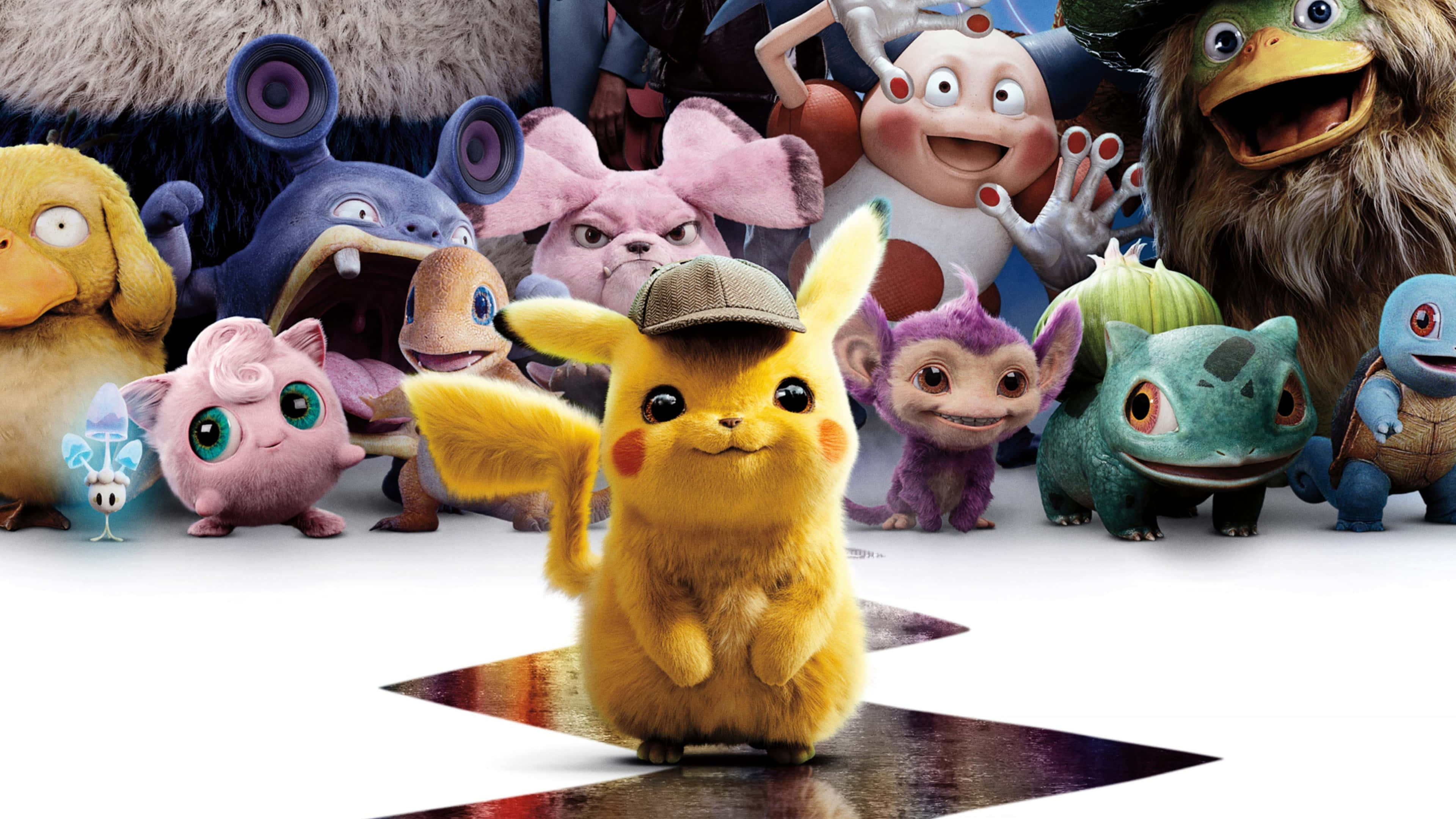 Pokemon Movies 桌布 壁紙 — 比卡超戴著偵探帽站在中央，被色彩繽紛的動畫寵物小精靈角色圍繞，背景為純白色。