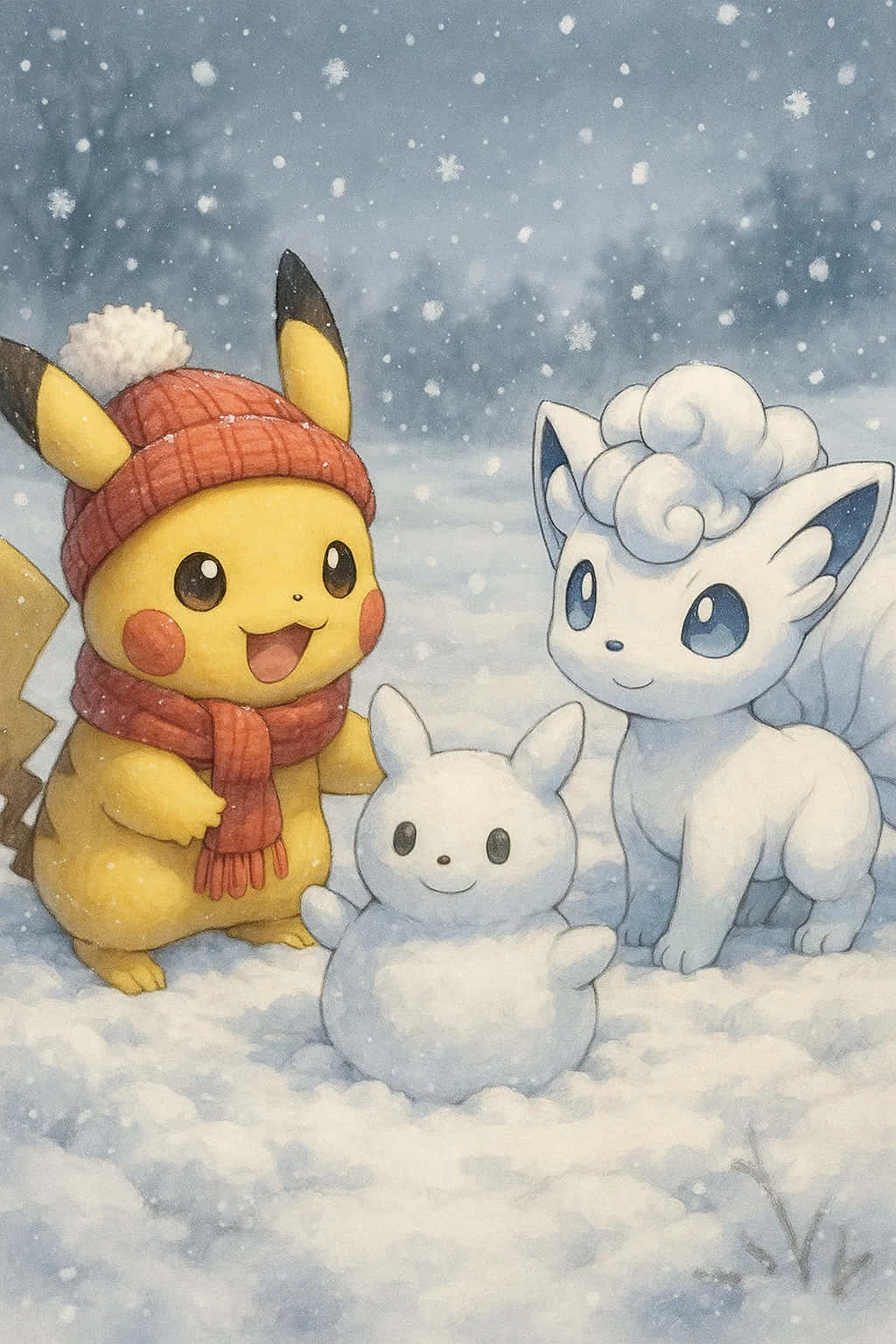 Pikachu HD Wallpaper WEBP 4K Background Download 壁紙 — 比卡超戴著紅色帽子和圍巾，在雪地森林中微笑，旁邊有一個雪人和一隻白色的伊貝。