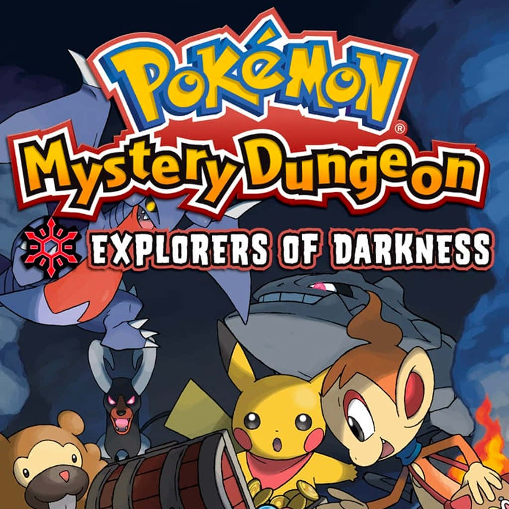 Pokemon Mystery Dungeon 桌布 壁紙 — 比卡超等寶可夢角色在黑暗地牢中面對巨型怪物，周圍有熾熱的火把和粗體的遊戲標題文字。