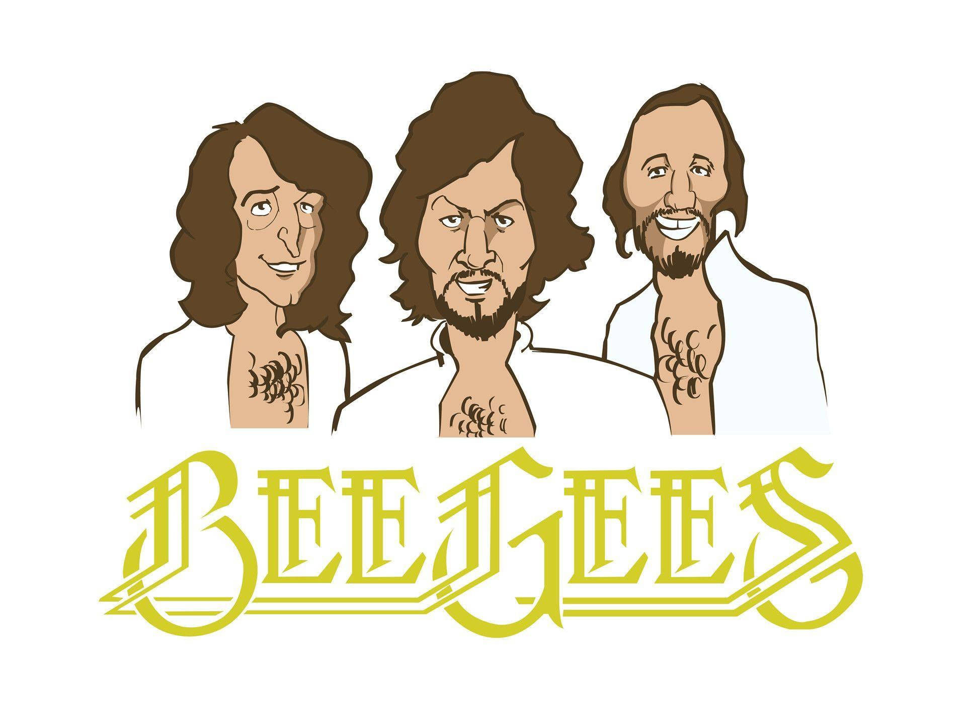 比吉斯音樂組合向量藝術 壁紙 — Bee Gees 三人組的插圖，有捲髮和紋身，下方是風格化的黃色標誌。