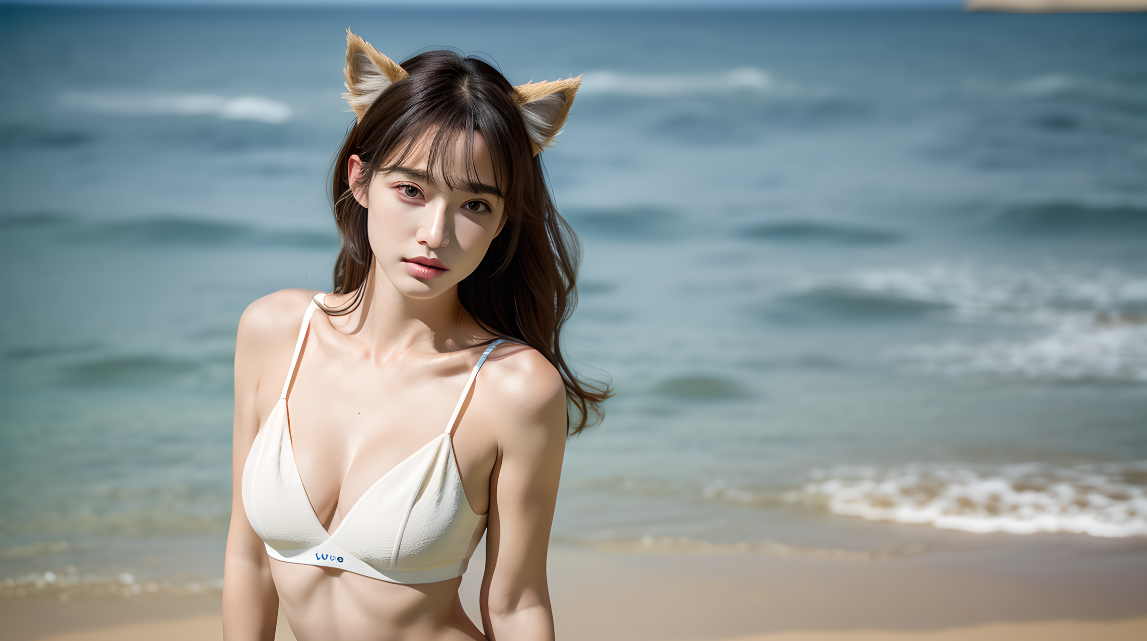 比基尼女孩 壁紙 — 一位年輕女性戴著狐狸耳朵，穿著白色比基尼，站在陽光明媚的海灘上，身後是海浪。