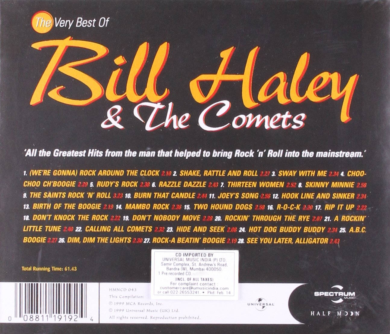 CD 封底以橙色和白色文字在黑色背景上列出 Bill Haley and the Comets 的最熱門歌曲。
