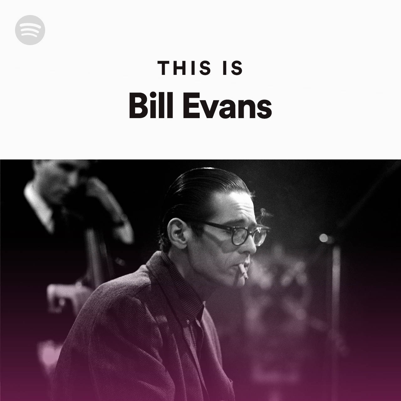 比爾·埃文斯的 Spotify 藝術封面 壁紙 — 黑白照片，爵士鋼琴家比爾·埃文斯側面抽煙，紫色漸變背景。