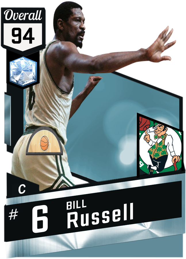 比爾·拉塞尔籃球卡設計 壁紙 — 一張動態籃球卡， featuring Bill Russell 在行動中，附有 'Overall 94' 評級和 Celtics 標誌。
