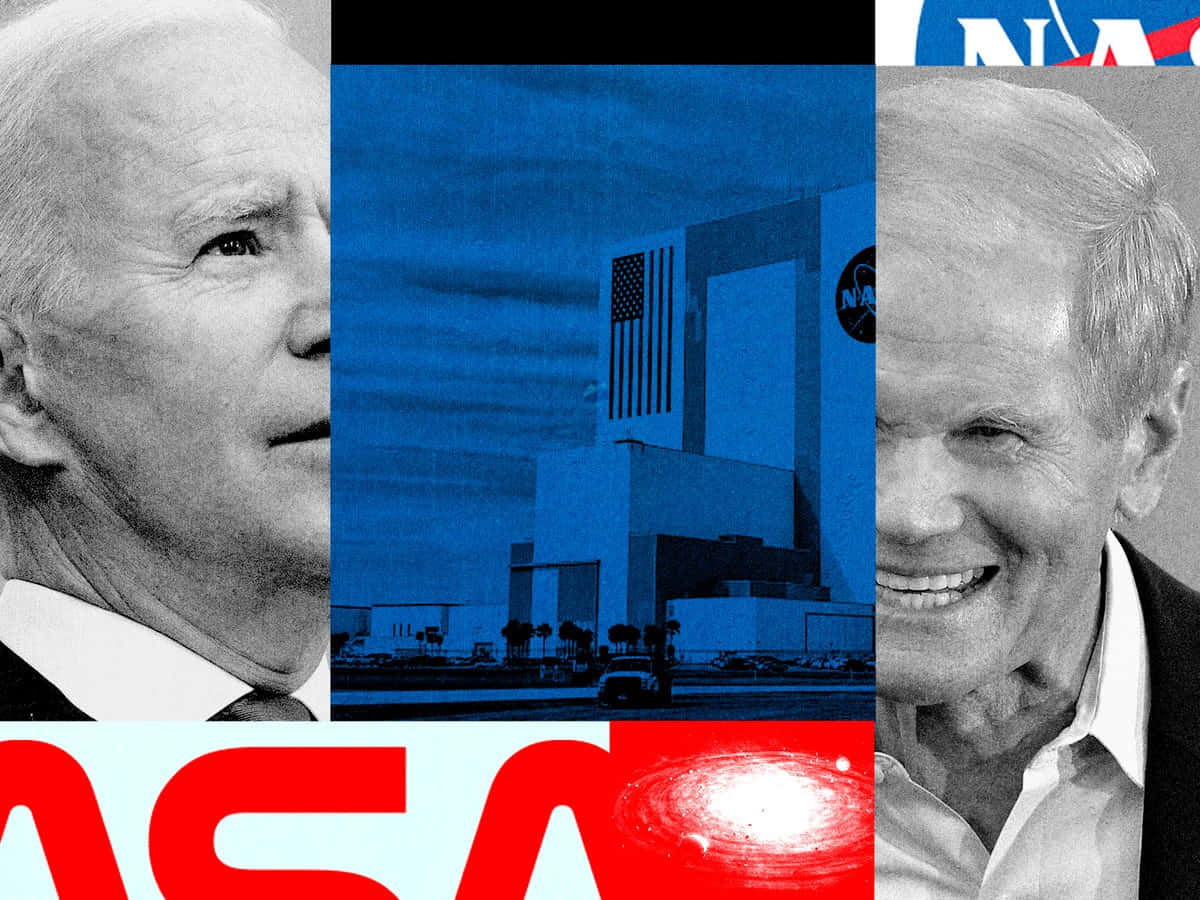 喬·拜登和傑夫·貝佐斯與NASA建築和宇宙設計的拼貼畫。