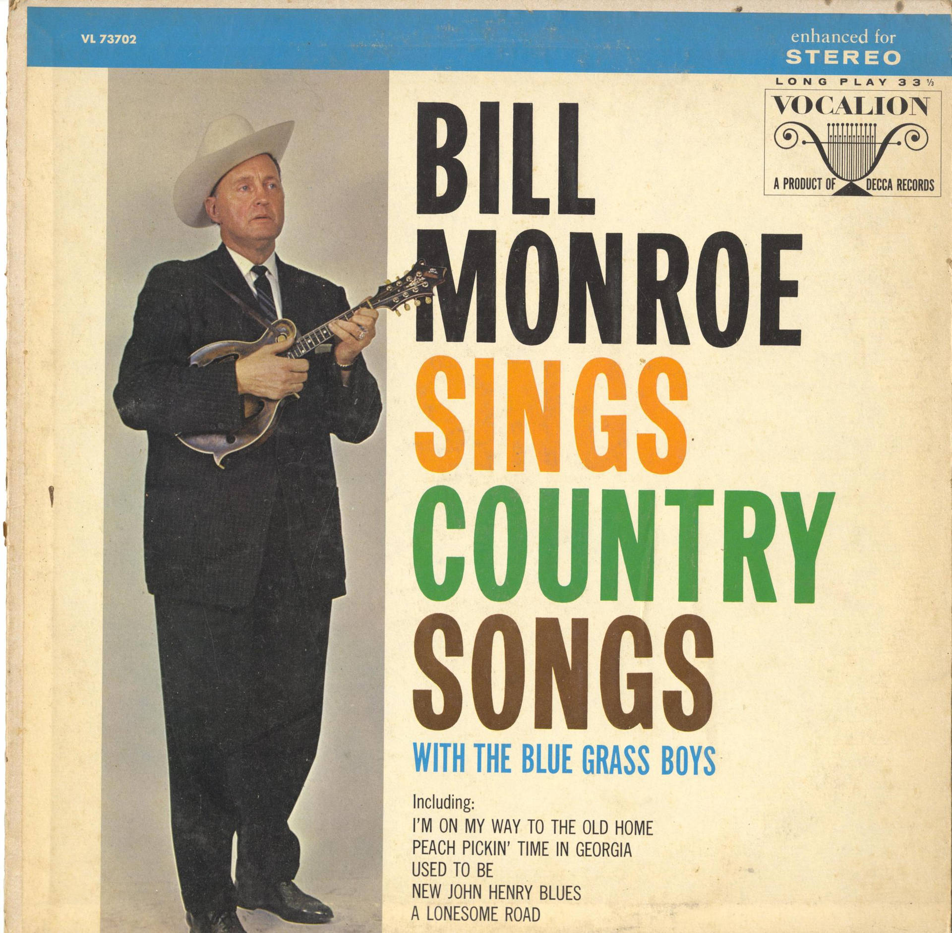 Bill Monroe 身穿西裝和牛仔帽，手持曼陀林，復古鄉村音樂專輯封面。