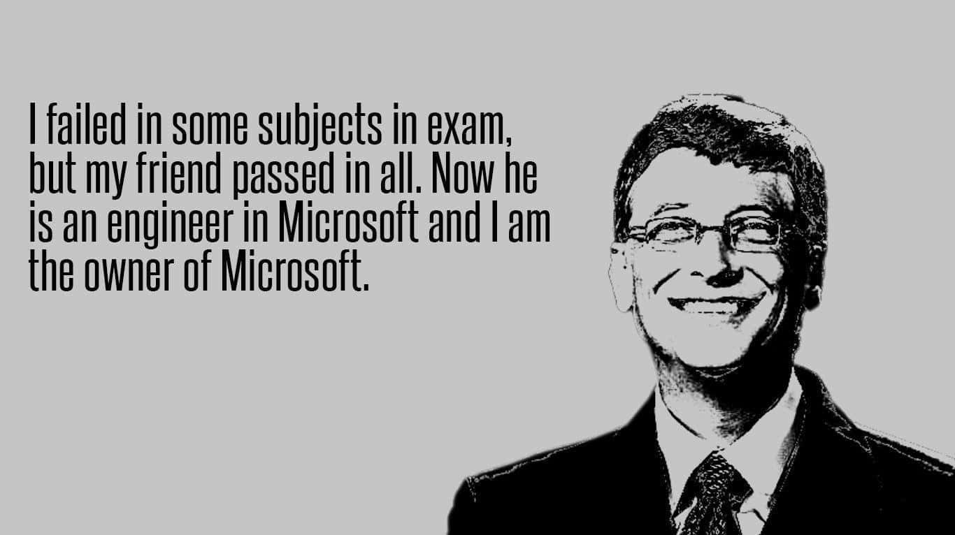 Bill Gates 桌布 壁紙 — 比爾·蓋茨微笑的黑白插圖肖像，旁邊是關於學業失敗與成功的文字。