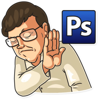 比爾·蓋茲傾聽卡通貼紙 壁紙 — 戴眼鏡的卡通男子在Adobe Photoshop標誌旁捂住耳朵。