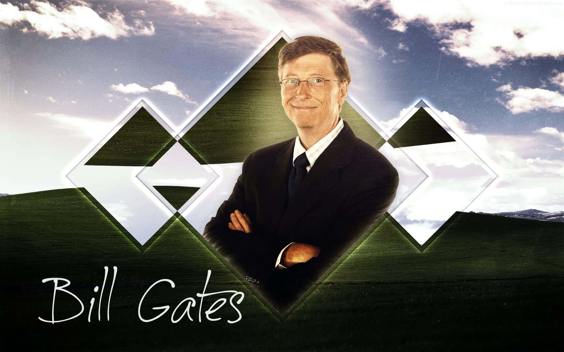 Bill Gates 桌布 壁紙 — 比爾·蓋茲自信地穿著西裝，站在風格化的綠色鑽石背景前，背景是陰天。