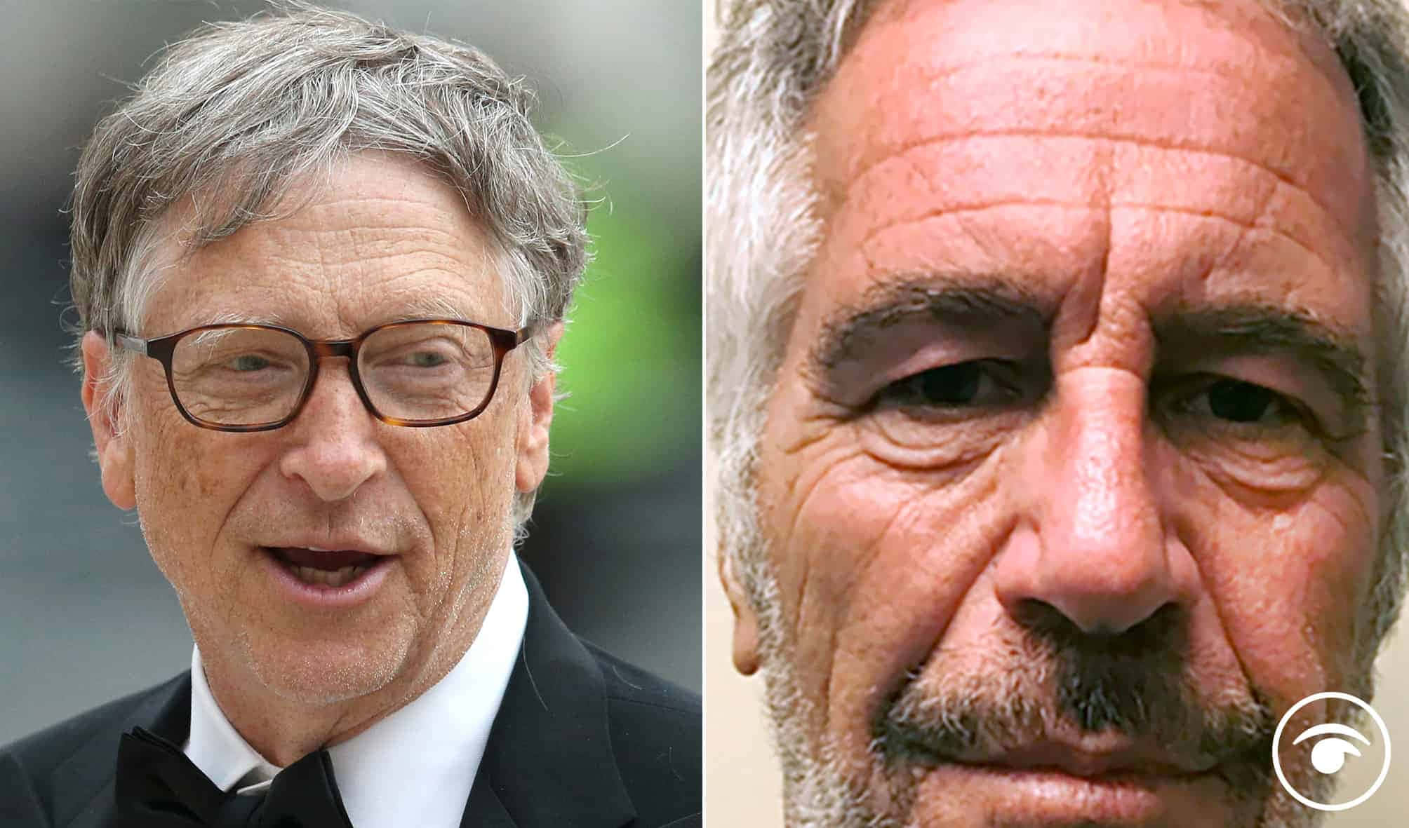 比爾·蓋茲與傑弗裡·愛潑斯坦同框 壁紙 — 兩位年長男士的分割肖像，一位穿著正裝戴眼鏡，另一位皮膚粗糙留鬍子。