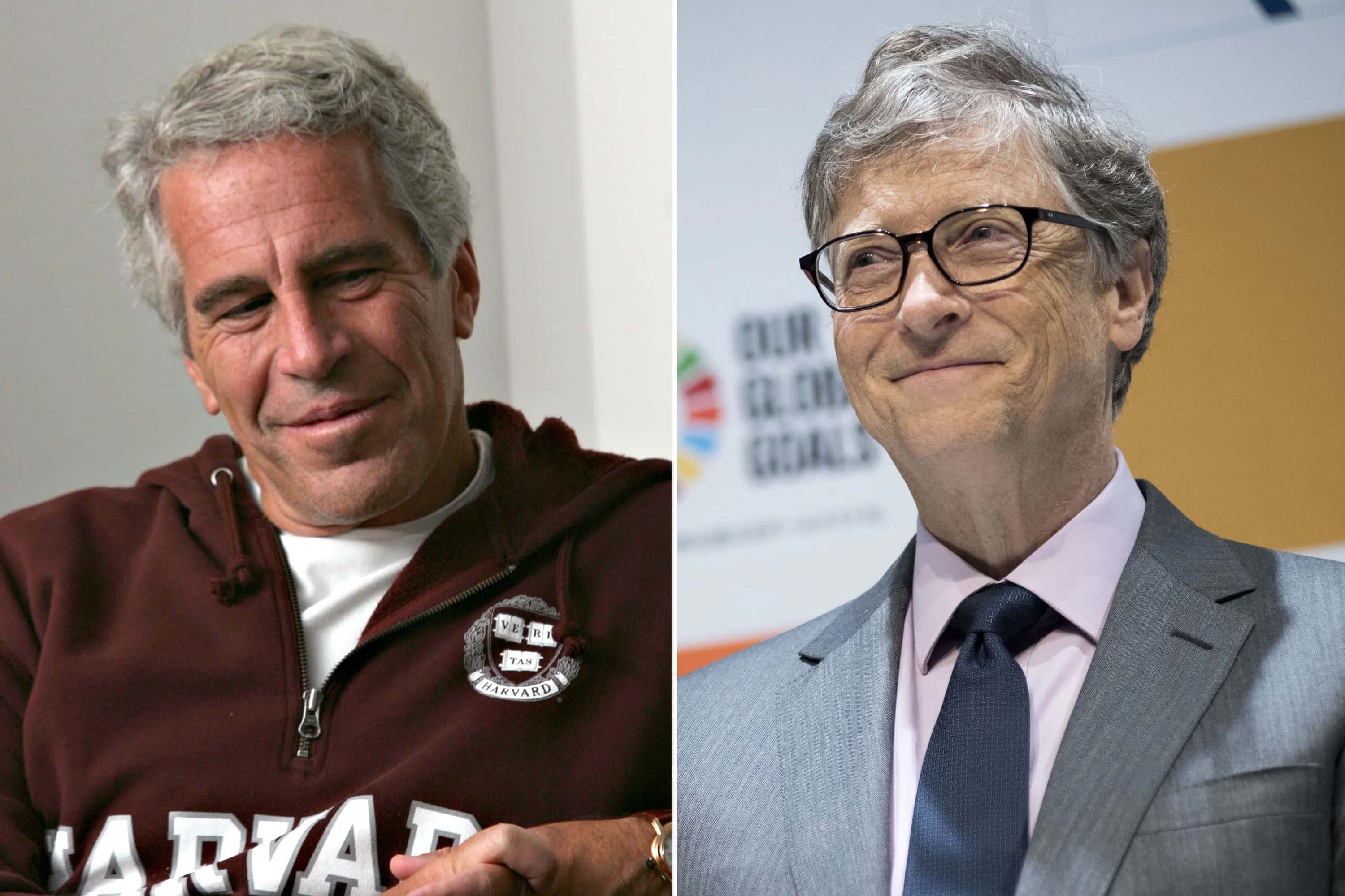 比爾·蓋茲與其密友傑弗裡·愛潑斯坦並肩站立 壁紙 — Jeffrey Epstein 穿著哈佛連帽衫和 Bill Gates 穿著西裝在活動中微笑的分割肖像。