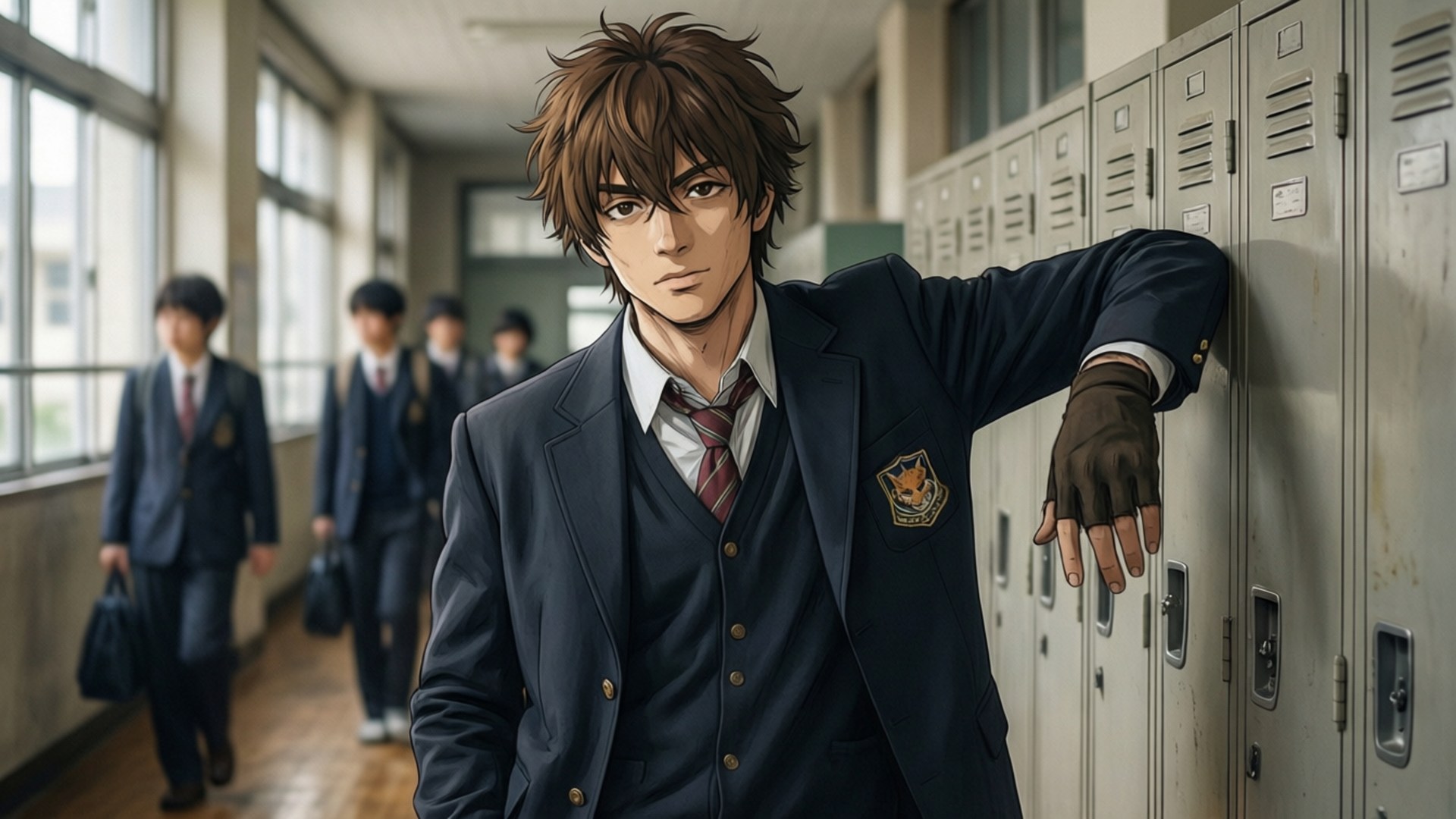 動漫男學生穿著校服靠在走廊儲物櫃上